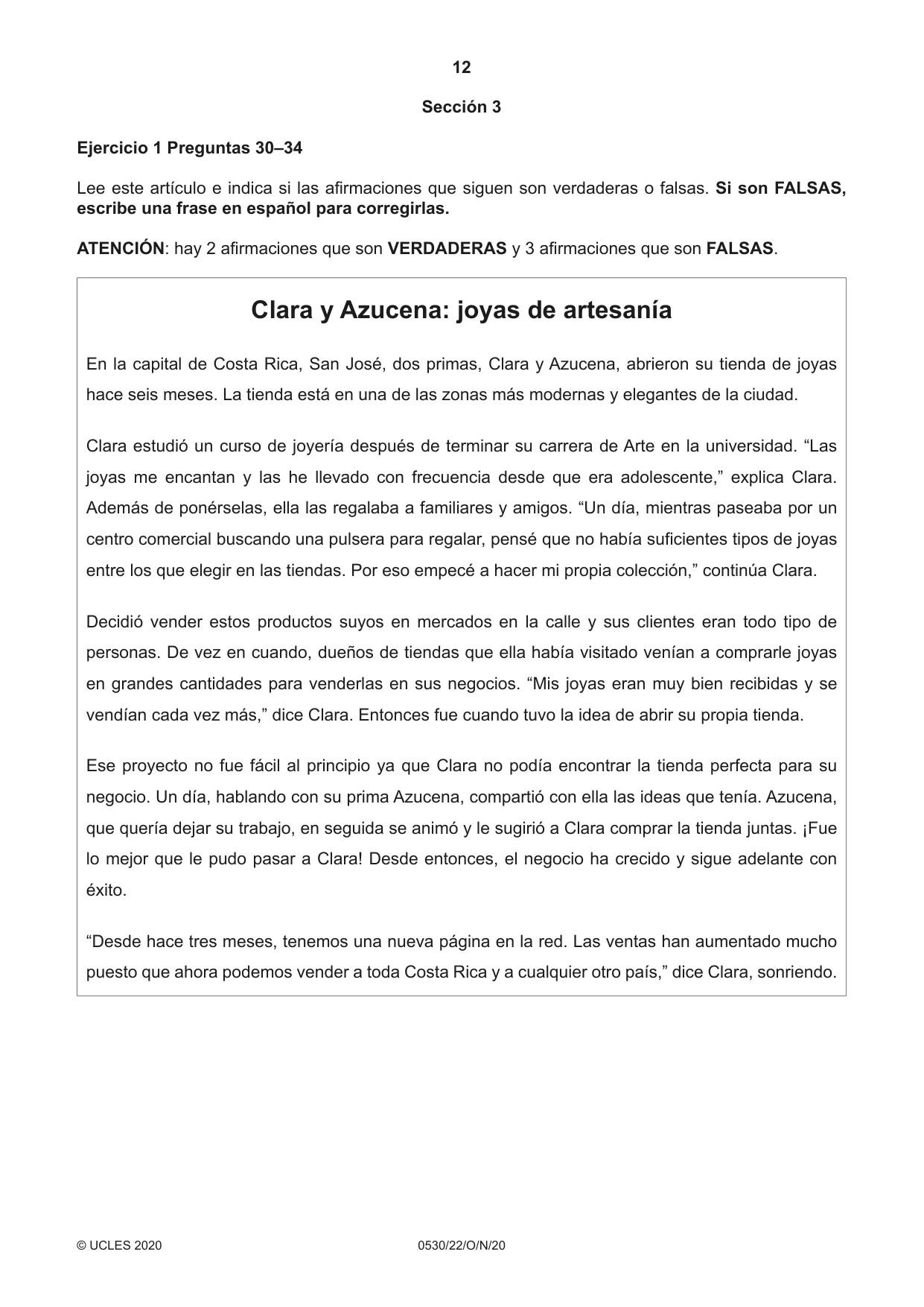 Cambridge IGCSE Spanish - Foreign Language 0530 2020 Oct/Nov Paper 2 · Variant 2 question paper, page 12 of 16