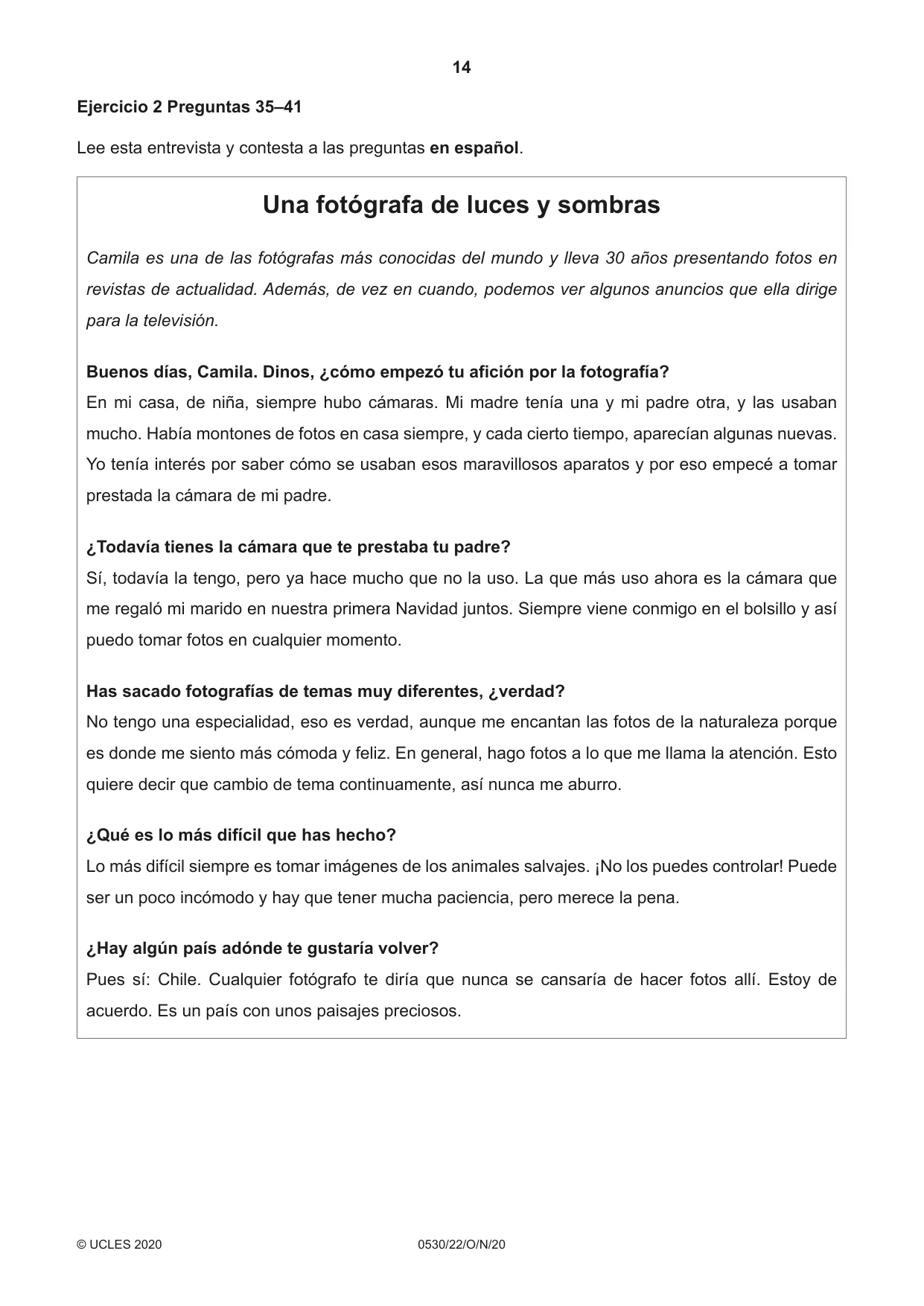 Cambridge IGCSE Spanish - Foreign Language 0530 2020 Oct/Nov Paper 2 · Variant 2 question paper, page 14 of 16