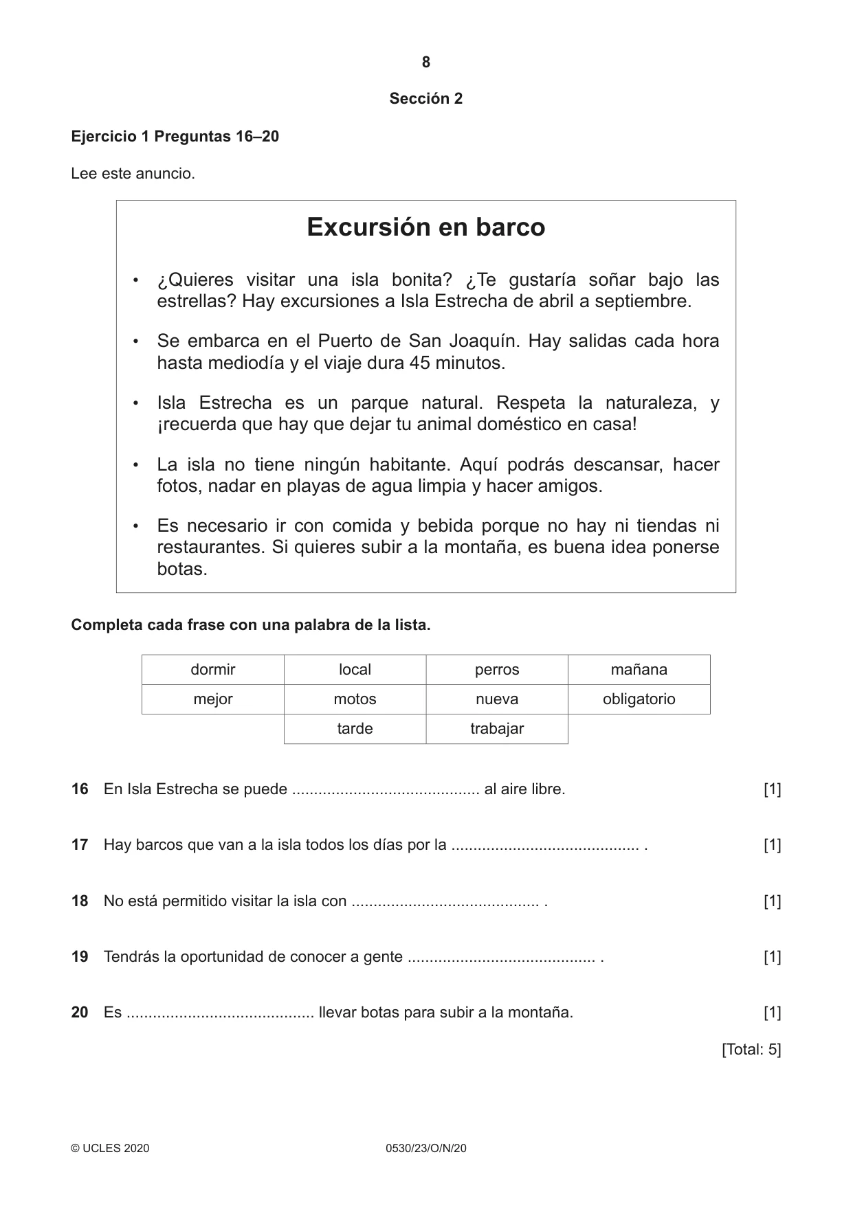 Cambridge IGCSE Spanish - Foreign Language 0530 2020 Oct/Nov Paper 2 · Variant 3 question paper, page 8 of 16