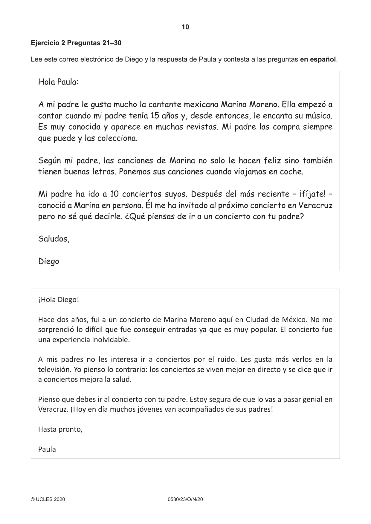 Cambridge IGCSE Spanish - Foreign Language 0530 2020 Oct/Nov Paper 2 · Variant 3 question paper, page 10 of 16