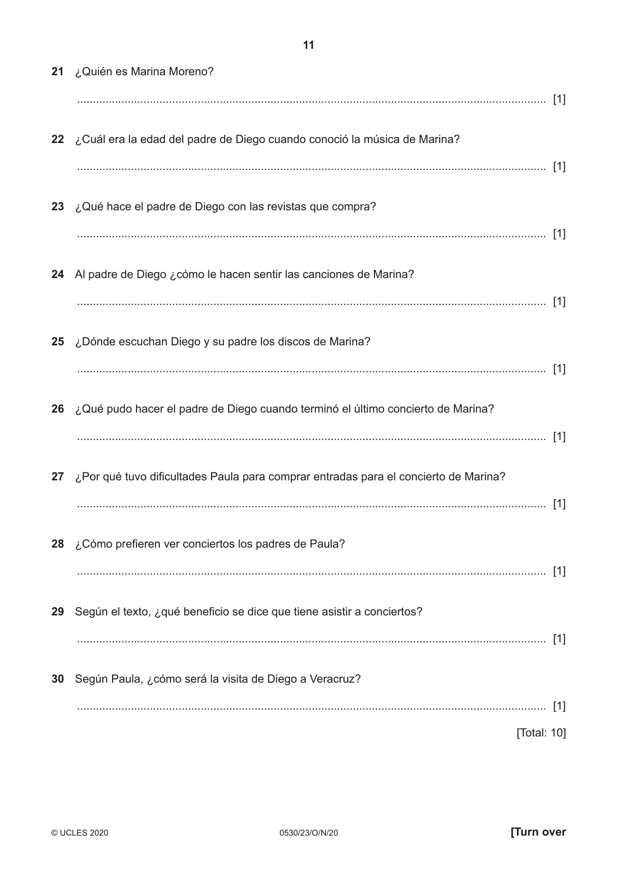 Cambridge IGCSE Spanish - Foreign Language 0530 2020 Oct/Nov Paper 2 · Variant 3 question paper, page 11 of 16