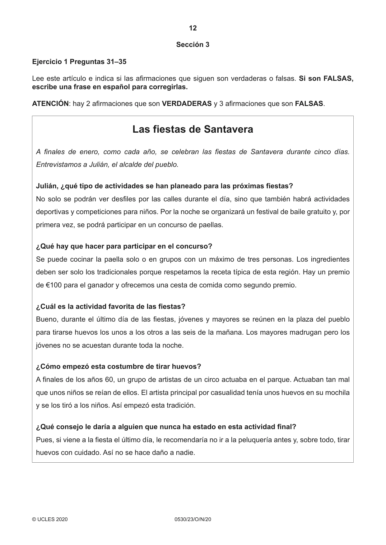 Cambridge IGCSE Spanish - Foreign Language 0530 2020 Oct/Nov Paper 2 · Variant 3 question paper, page 12 of 16
