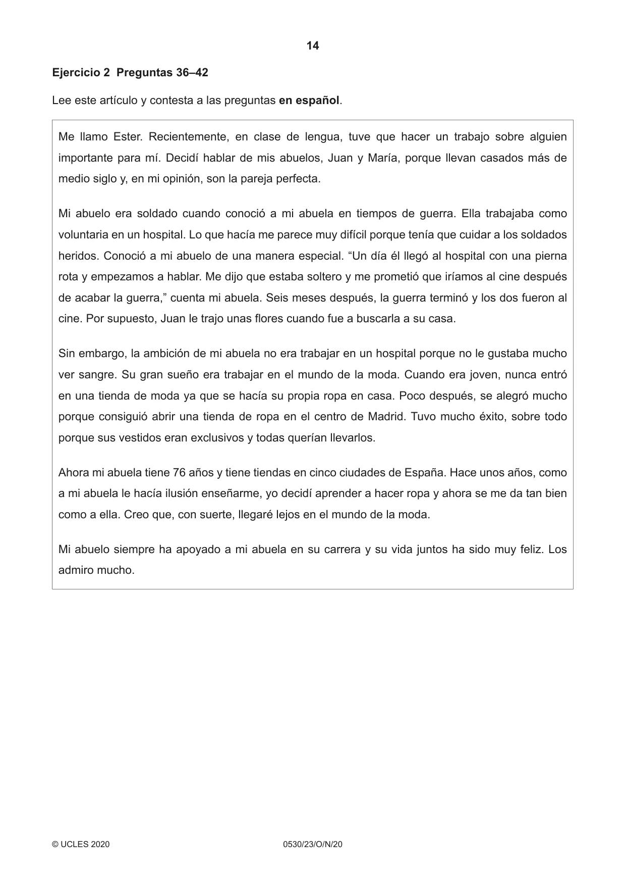 Cambridge IGCSE Spanish - Foreign Language 0530 2020 Oct/Nov Paper 2 · Variant 3 question paper, page 14 of 16