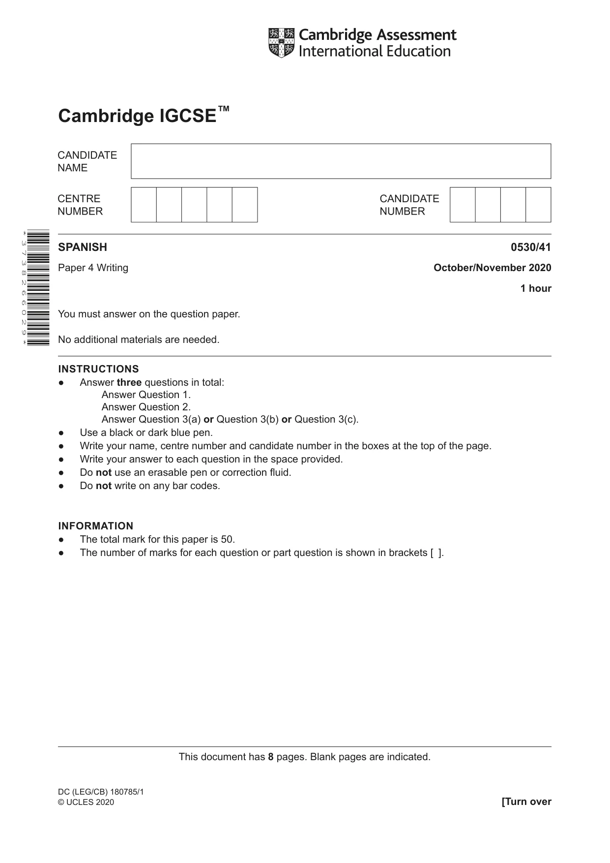 Cambridge IGCSE Spanish - Foreign Language 0530 2020 Oct/Nov Paper 4 · Variant 1 question paper, page 1 of 8