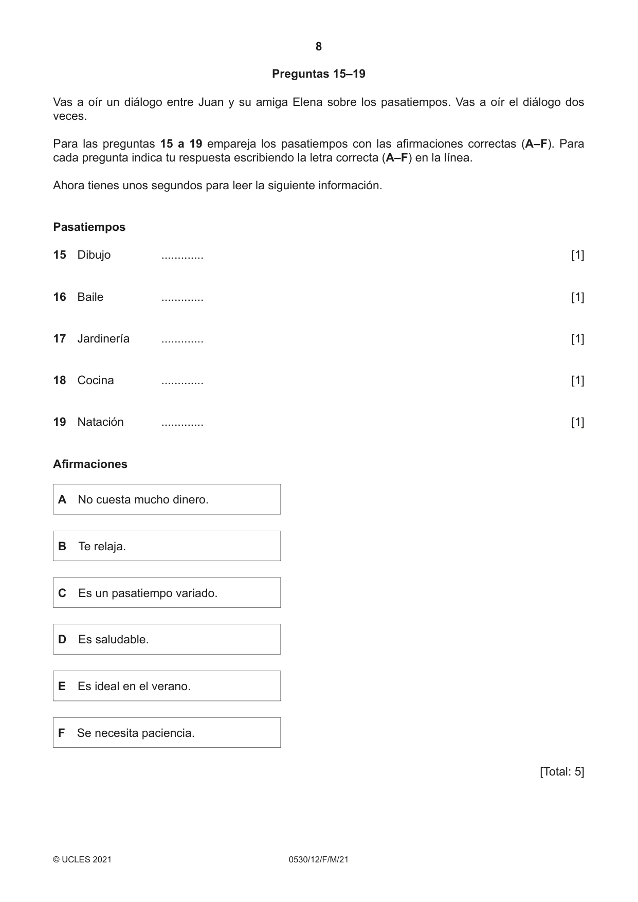 Cambridge IGCSE Spanish - Foreign Language 0530 2021 Feb/March Paper 1 · Variant 2 question paper, page 8 of 16