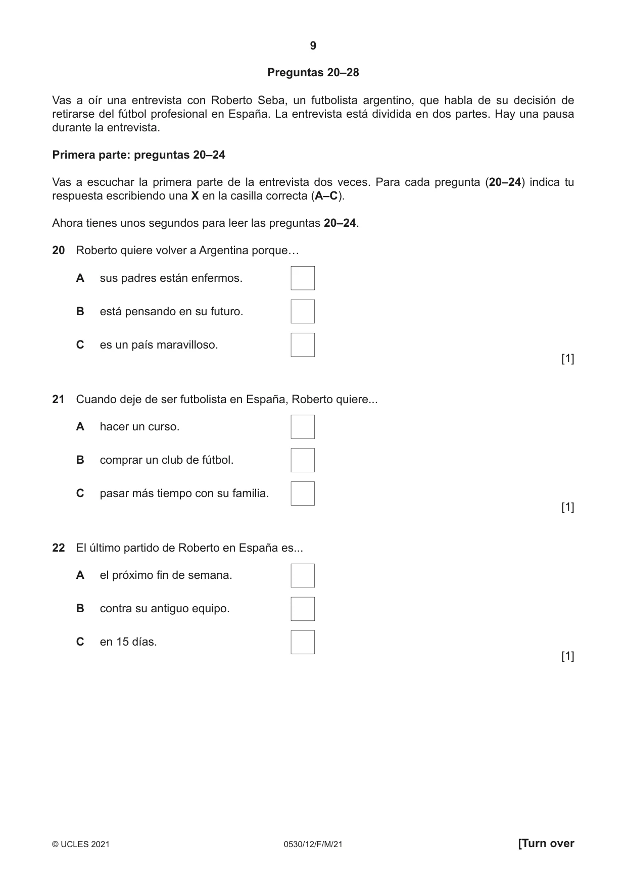 Cambridge IGCSE Spanish - Foreign Language 0530 2021 Feb/March Paper 1 · Variant 2 question paper, page 9 of 16