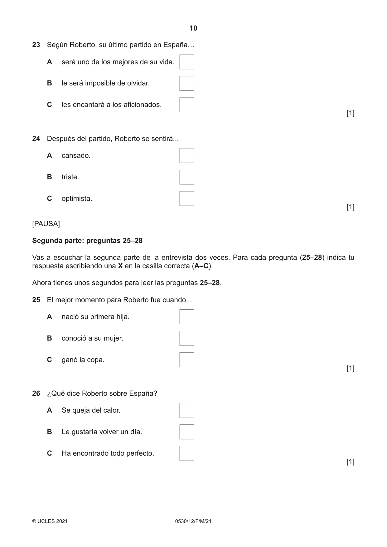 Cambridge IGCSE Spanish - Foreign Language 0530 2021 Feb/March Paper 1 · Variant 2 question paper, page 10 of 16