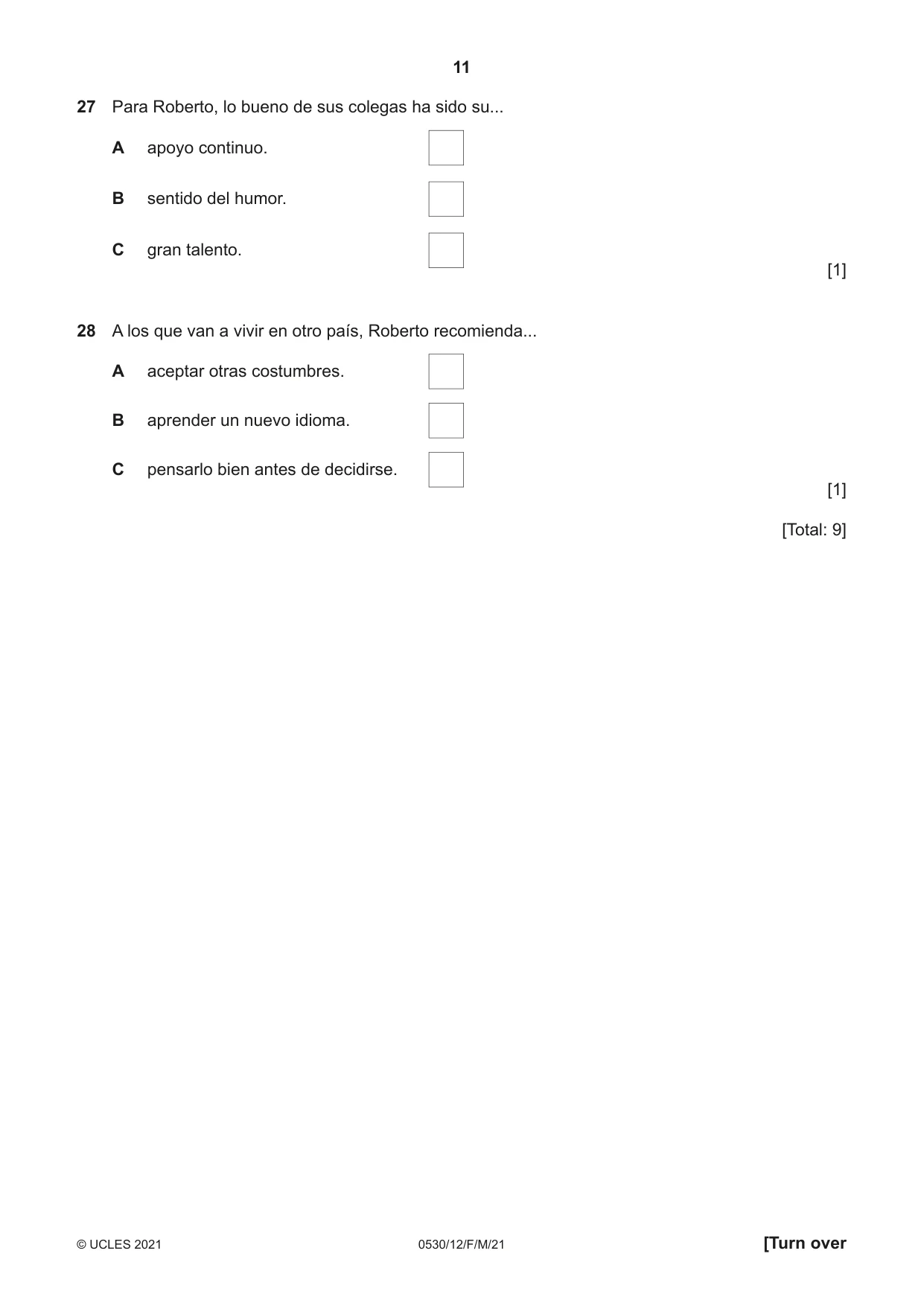 Cambridge IGCSE Spanish - Foreign Language 0530 2021 Feb/March Paper 1 · Variant 2 question paper, page 11 of 16