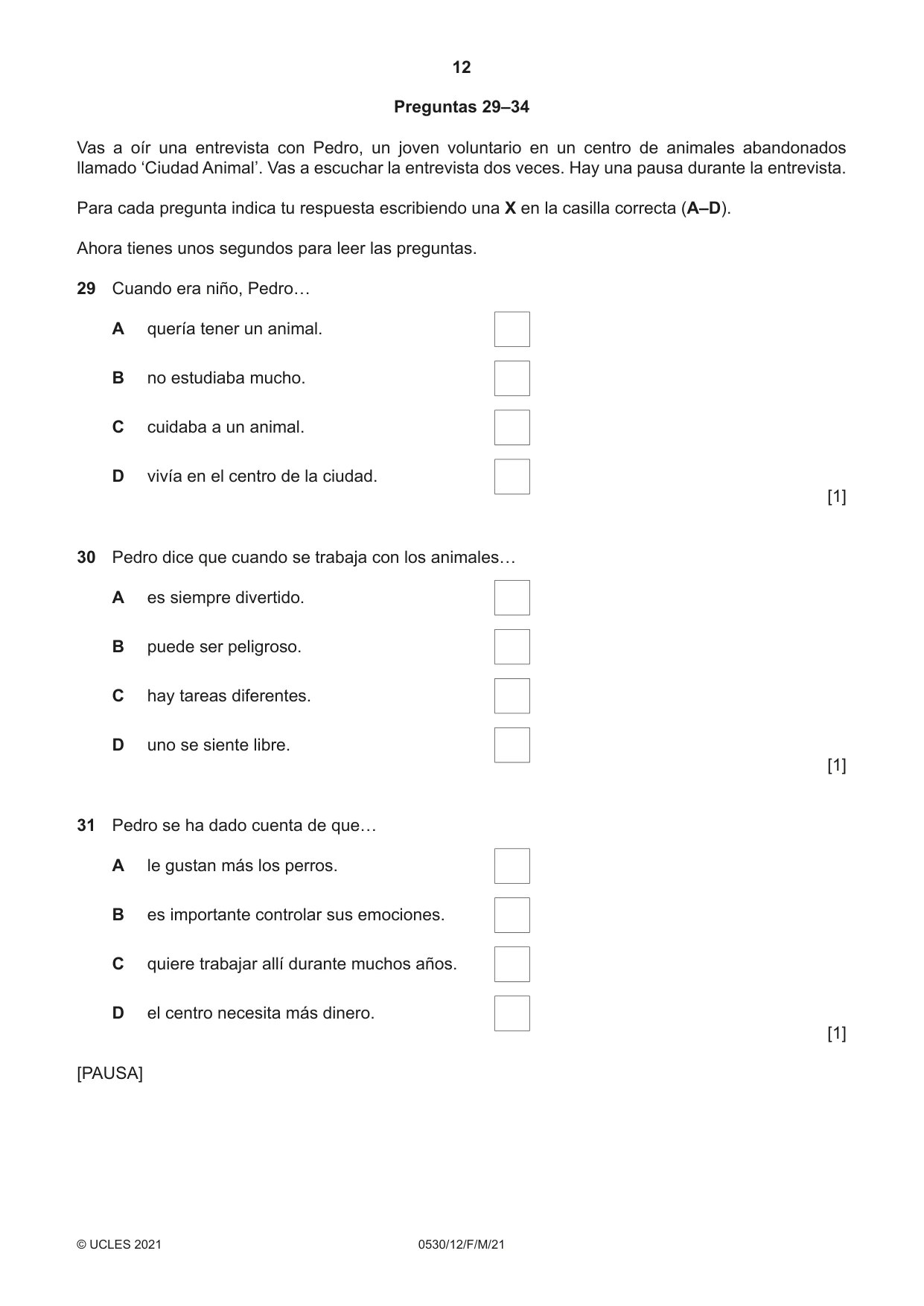 Cambridge IGCSE Spanish - Foreign Language 0530 2021 Feb/March Paper 1 · Variant 2 question paper, page 12 of 16