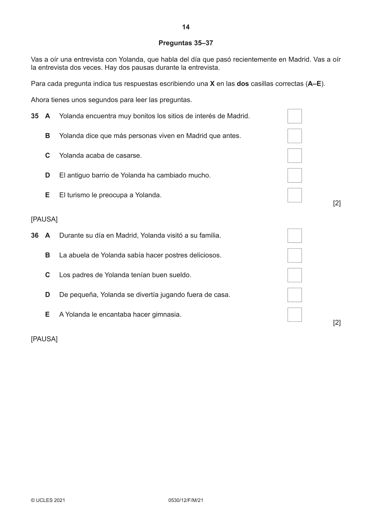 Cambridge IGCSE Spanish - Foreign Language 0530 2021 Feb/March Paper 1 · Variant 2 question paper, page 14 of 16