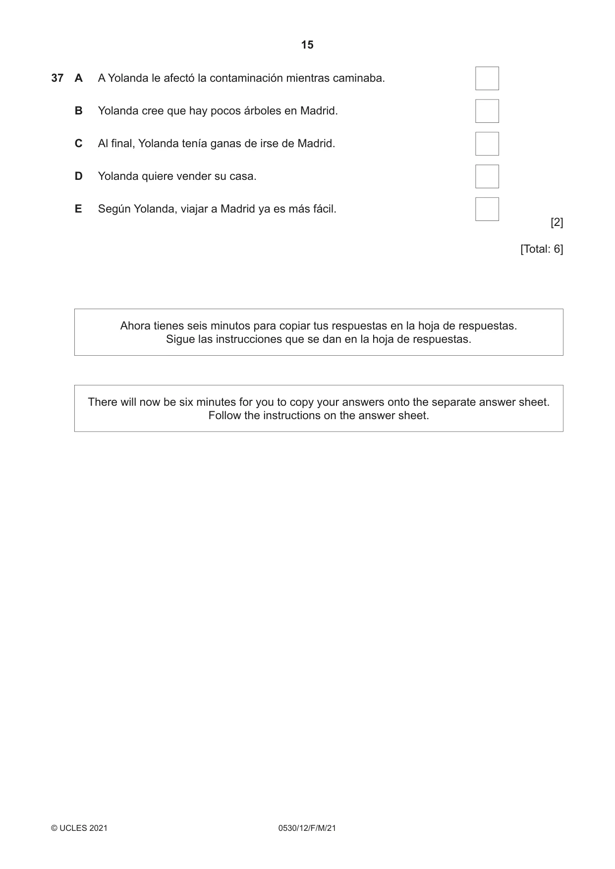Cambridge IGCSE Spanish - Foreign Language 0530 2021 Feb/March Paper 1 · Variant 2 question paper, page 15 of 16