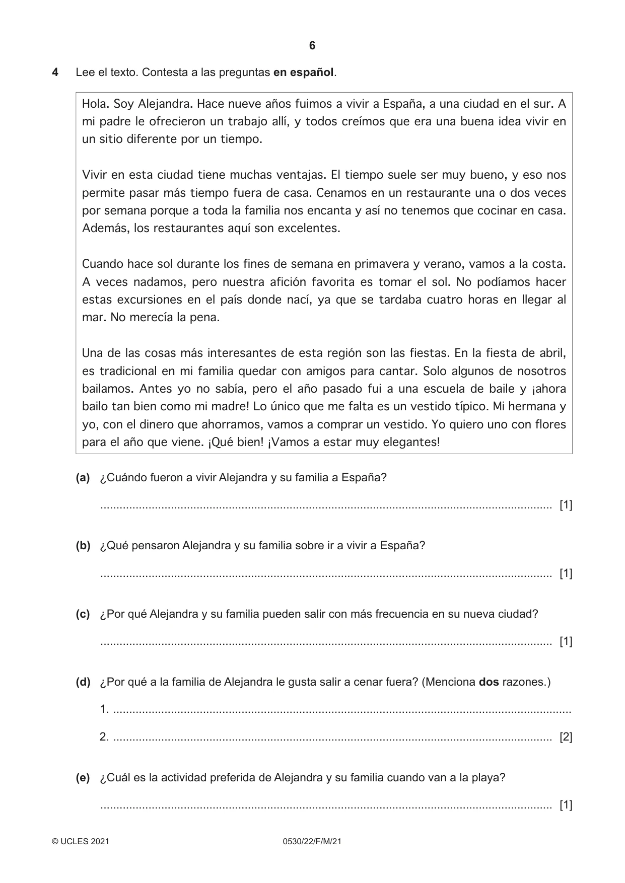 Cambridge IGCSE Spanish - Foreign Language 0530 2021 Feb/March Paper 2 · Variant 2 question paper, page 6 of 12
