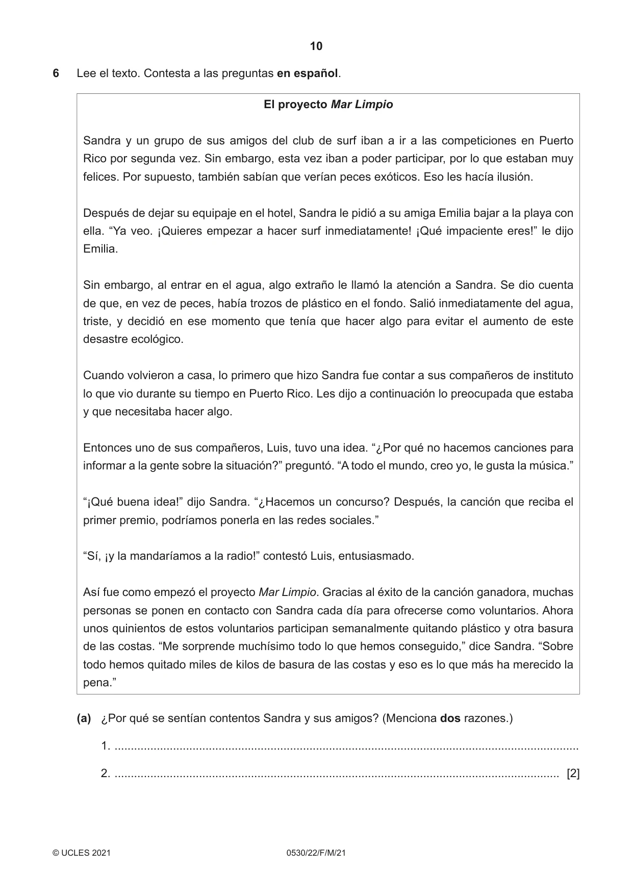 Cambridge IGCSE Spanish - Foreign Language 0530 2021 Feb/March Paper 2 · Variant 2 question paper, page 10 of 12