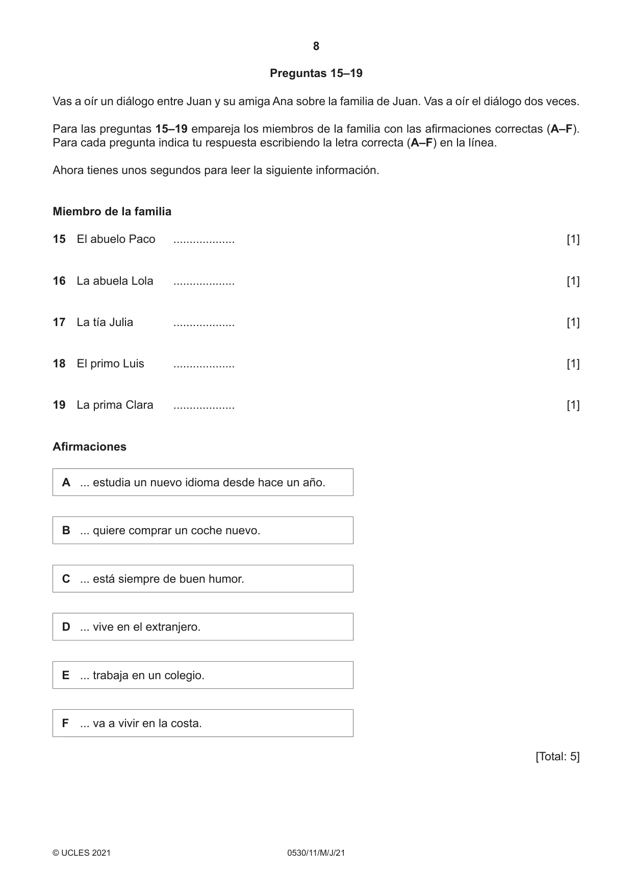 Cambridge IGCSE Spanish - Foreign Language 0530 2021 May/June Paper 1 · Variant 1 question paper, page 8 of 16