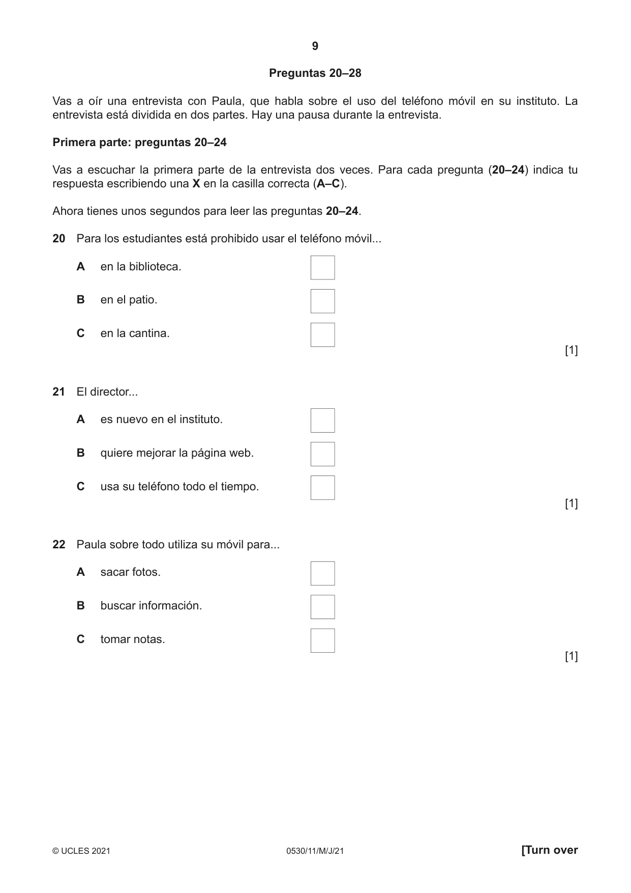 Cambridge IGCSE Spanish - Foreign Language 0530 2021 May/June Paper 1 · Variant 1 question paper, page 9 of 16