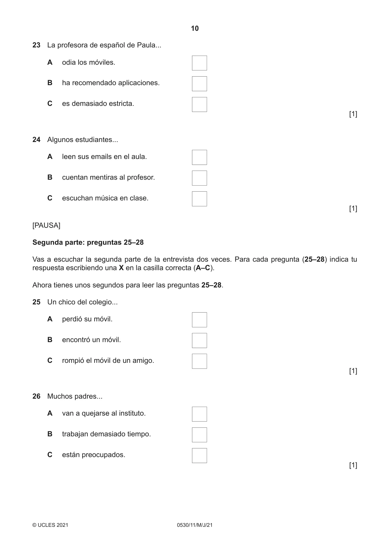 Cambridge IGCSE Spanish - Foreign Language 0530 2021 May/June Paper 1 · Variant 1 question paper, page 10 of 16