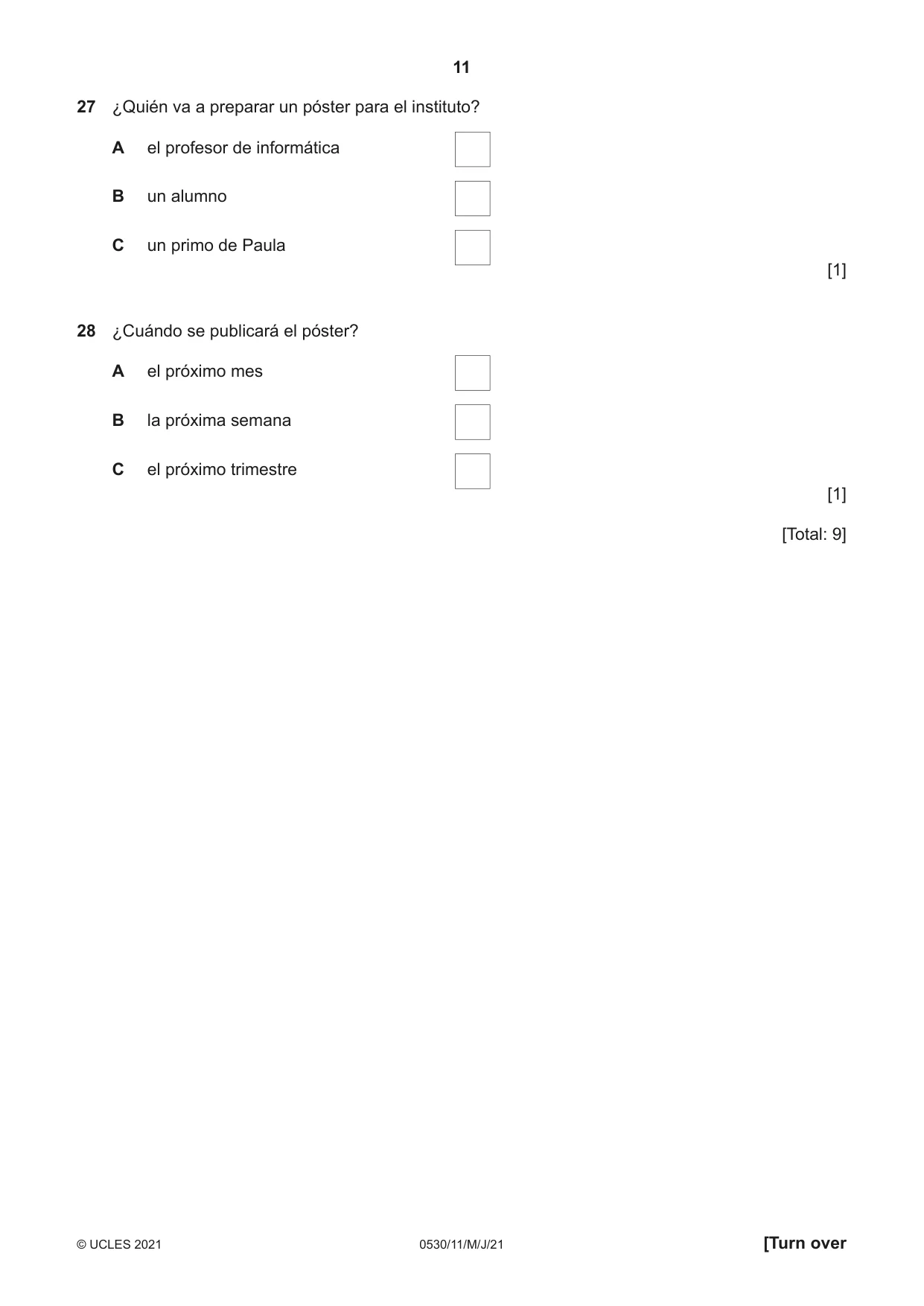Cambridge IGCSE Spanish - Foreign Language 0530 2021 May/June Paper 1 · Variant 1 question paper, page 11 of 16