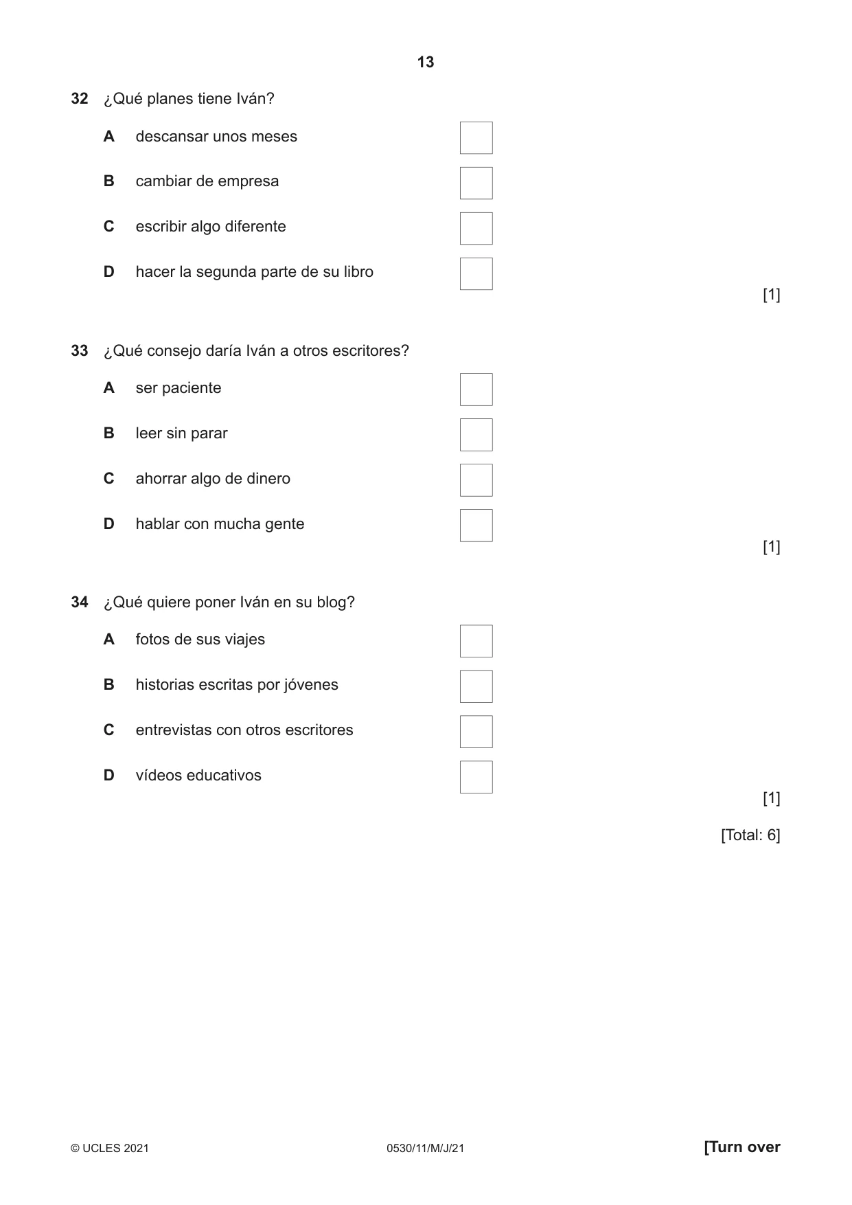 Cambridge IGCSE Spanish - Foreign Language 0530 2021 May/June Paper 1 · Variant 1 question paper, page 13 of 16
