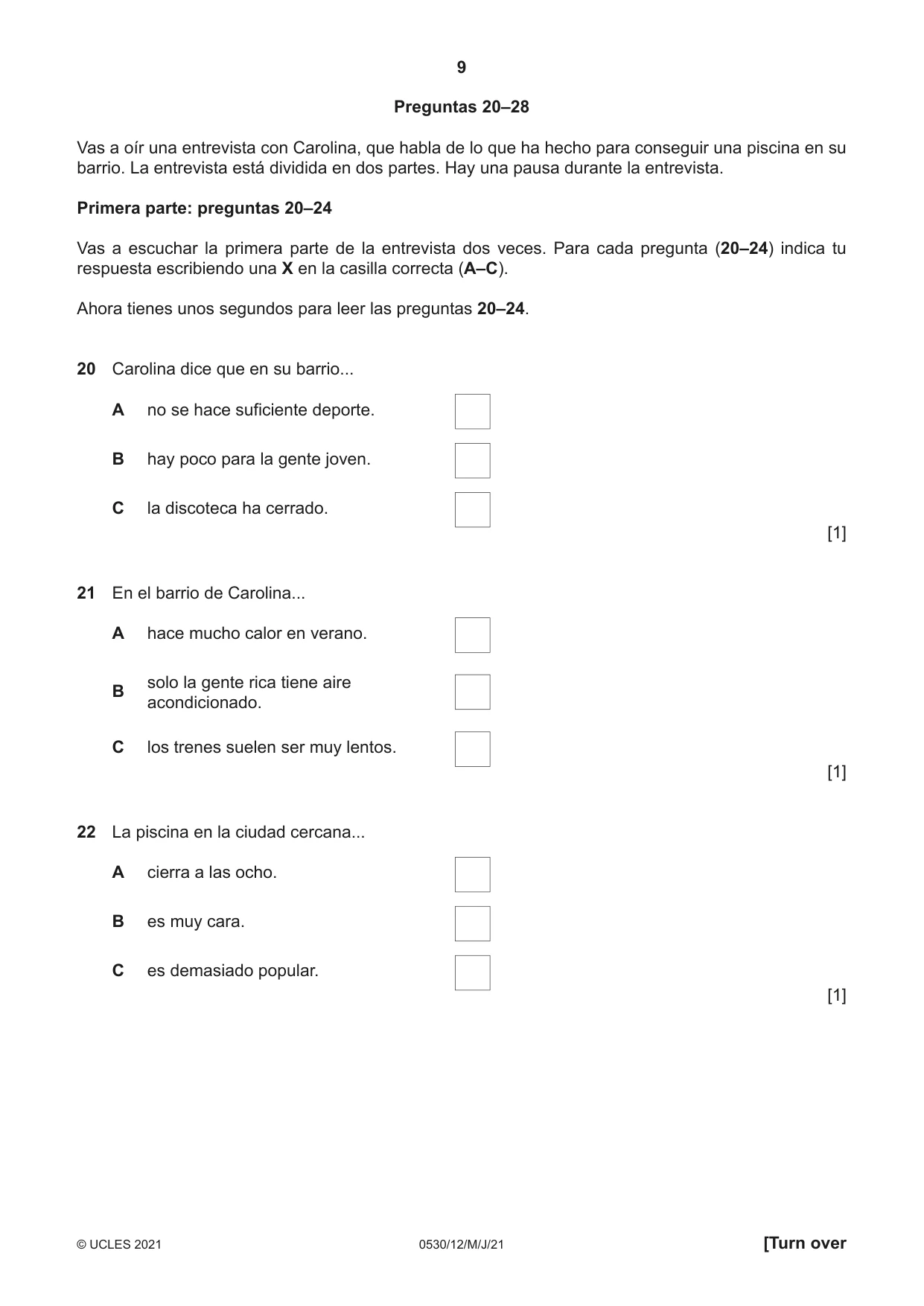 Cambridge IGCSE Spanish - Foreign Language 0530 2021 May/June Paper 1 · Variant 2 question paper, page 9 of 16