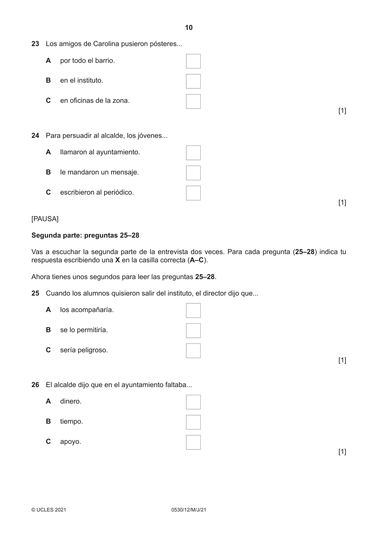 Cambridge IGCSE Spanish - Foreign Language 0530 2021 May/June Paper 1 · Variant 2 question paper, page 10 of 16