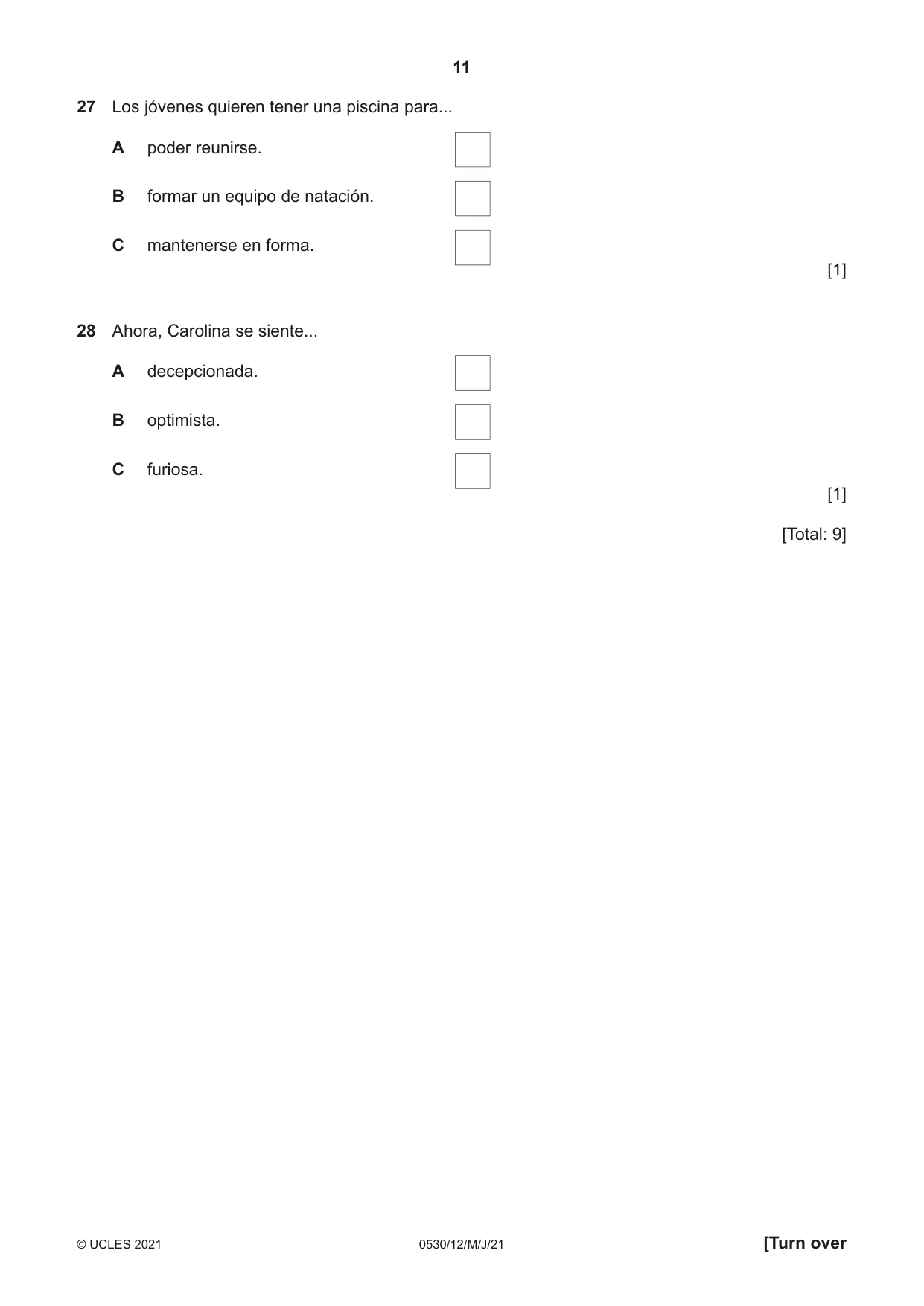 Cambridge IGCSE Spanish - Foreign Language 0530 2021 May/June Paper 1 · Variant 2 question paper, page 11 of 16