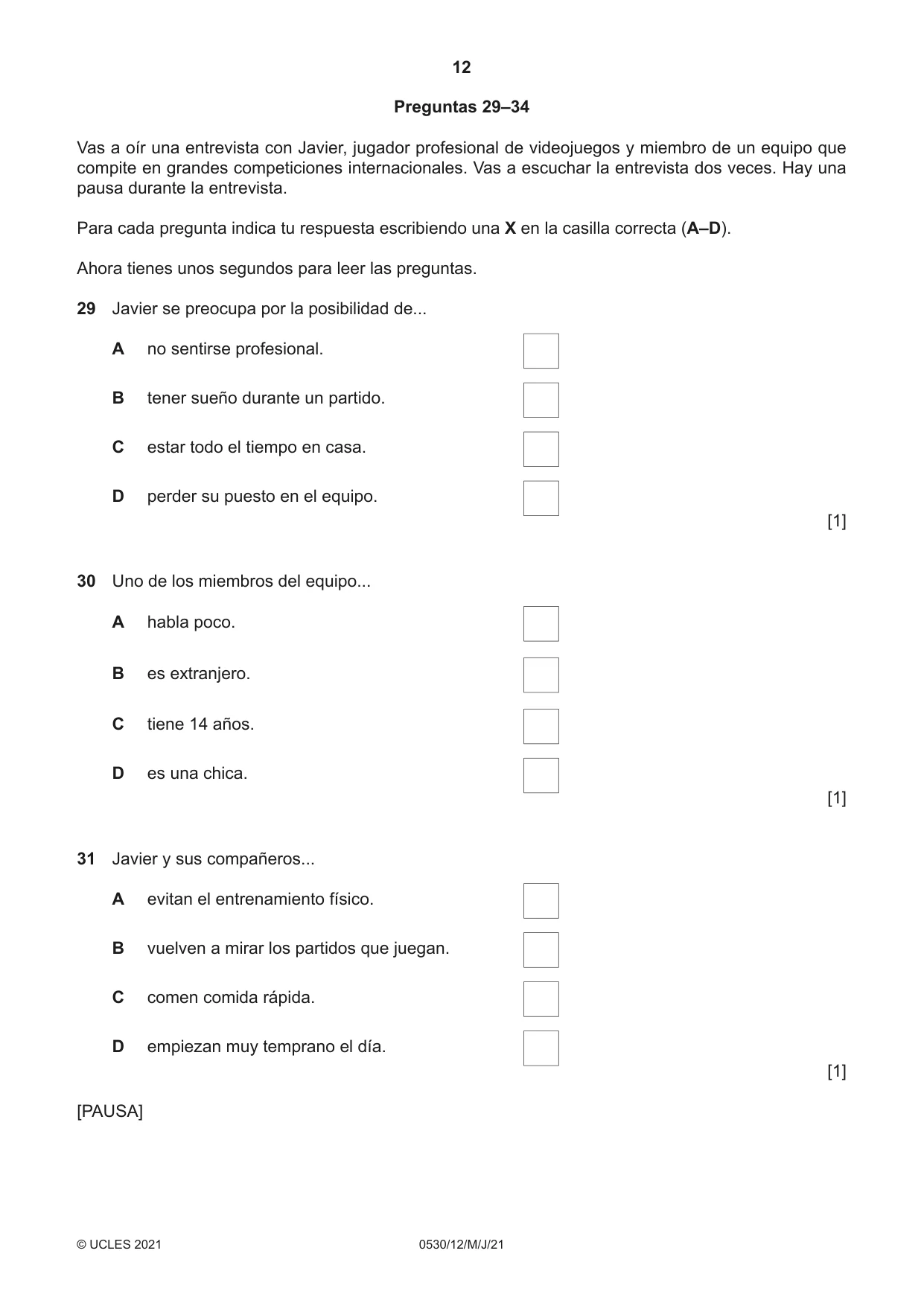 Cambridge IGCSE Spanish - Foreign Language 0530 2021 May/June Paper 1 · Variant 2 question paper, page 12 of 16