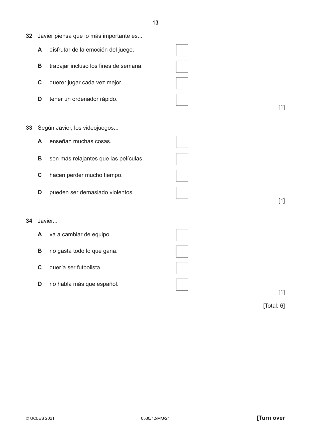 Cambridge IGCSE Spanish - Foreign Language 0530 2021 May/June Paper 1 · Variant 2 question paper, page 13 of 16