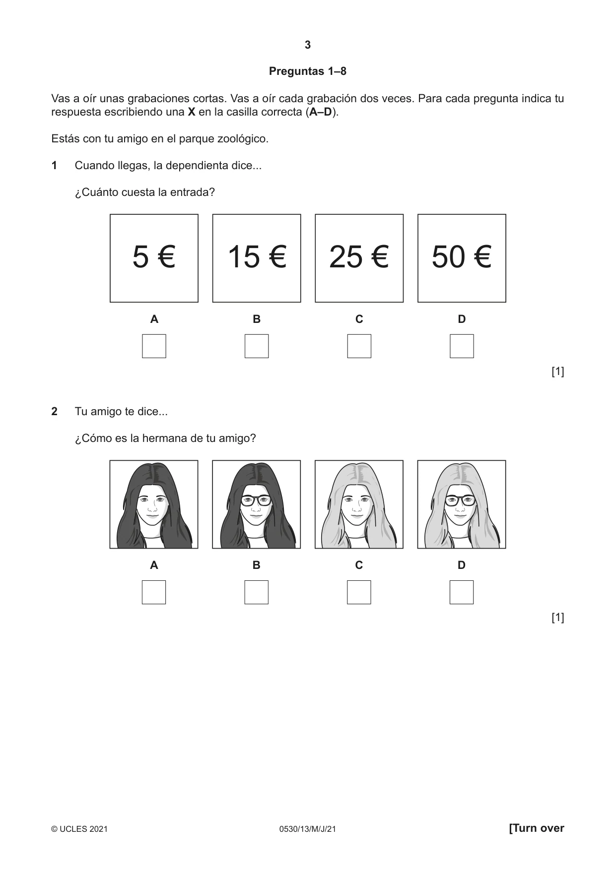 Cambridge IGCSE Spanish - Foreign Language 0530 2021 May/June Paper 1 · Variant 3 question paper, page 3 of 16
