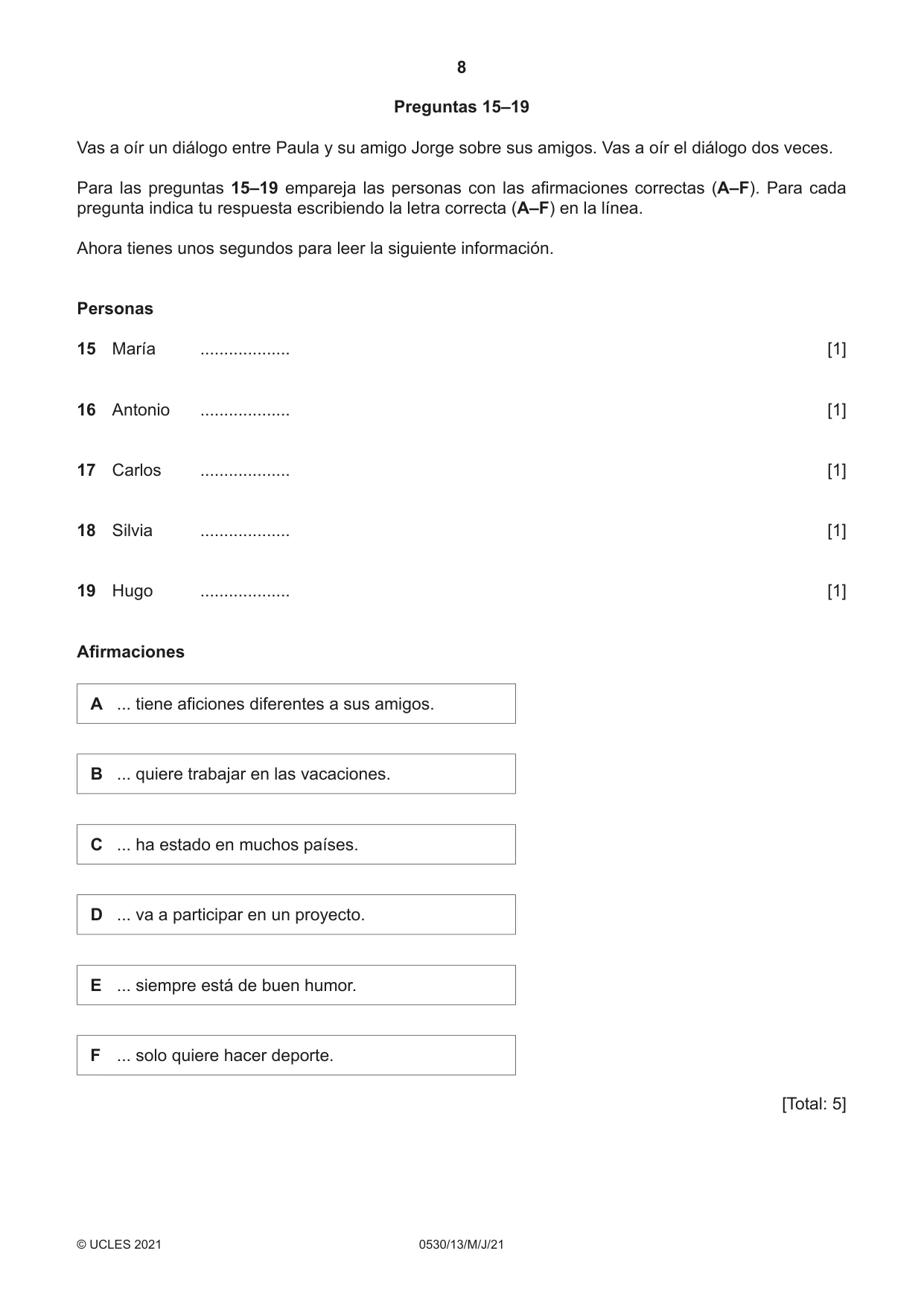 Cambridge IGCSE Spanish - Foreign Language 0530 2021 May/June Paper 1 · Variant 3 question paper, page 8 of 16