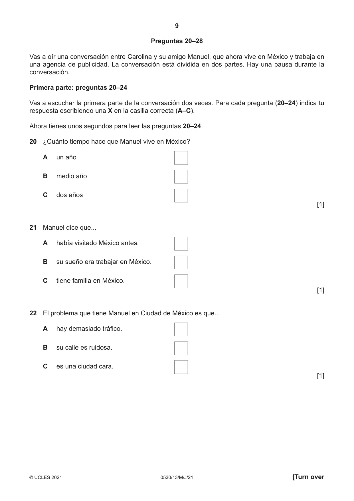 Cambridge IGCSE Spanish - Foreign Language 0530 2021 May/June Paper 1 · Variant 3 question paper, page 9 of 16