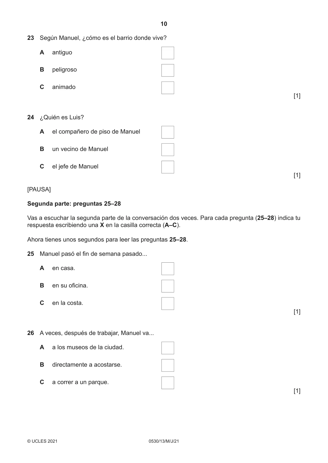 Cambridge IGCSE Spanish - Foreign Language 0530 2021 May/June Paper 1 · Variant 3 question paper, page 10 of 16
