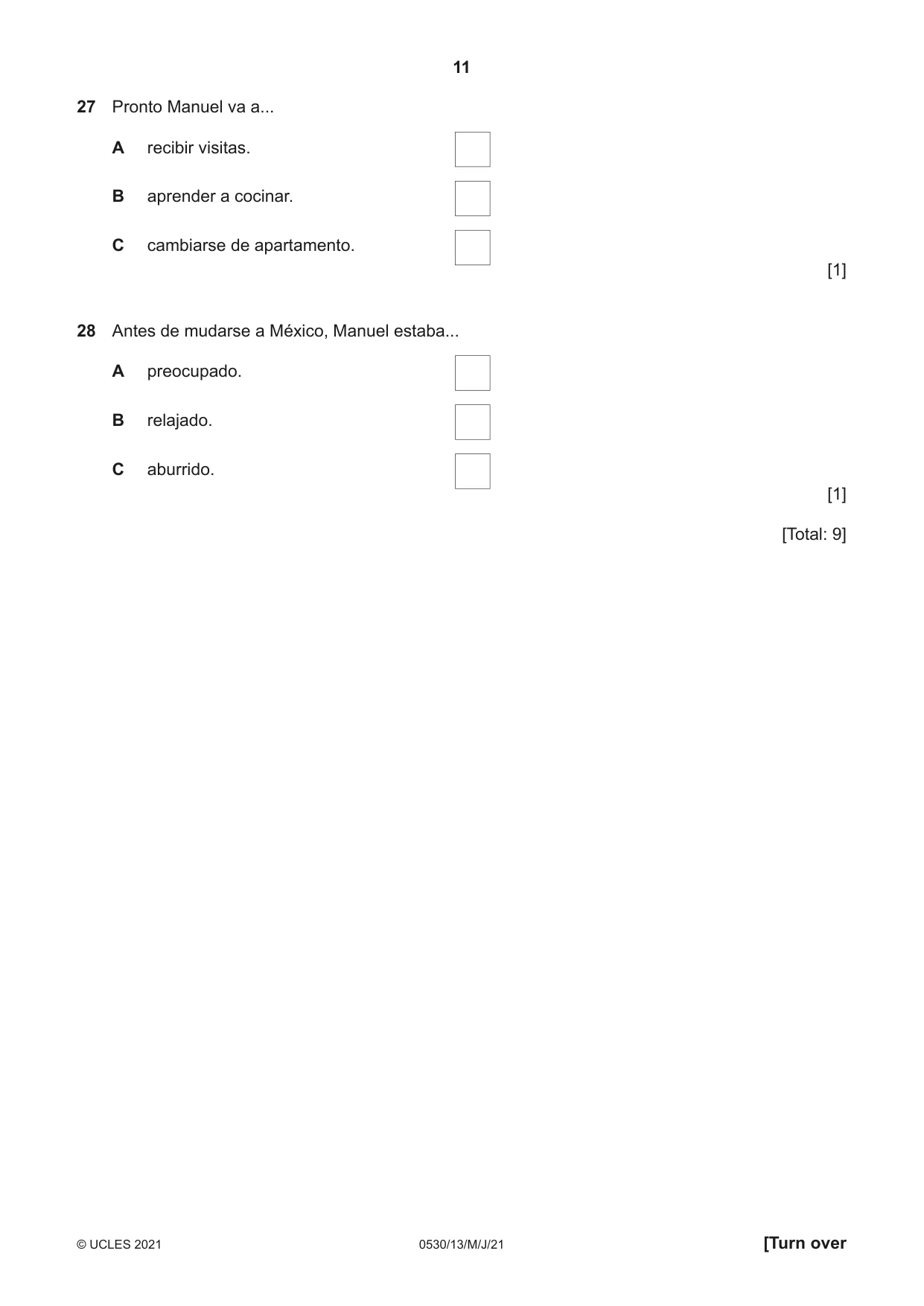 Cambridge IGCSE Spanish - Foreign Language 0530 2021 May/June Paper 1 · Variant 3 question paper, page 11 of 16
