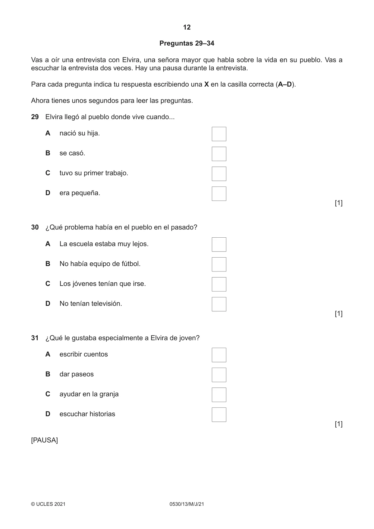 Cambridge IGCSE Spanish - Foreign Language 0530 2021 May/June Paper 1 · Variant 3 question paper, page 12 of 16