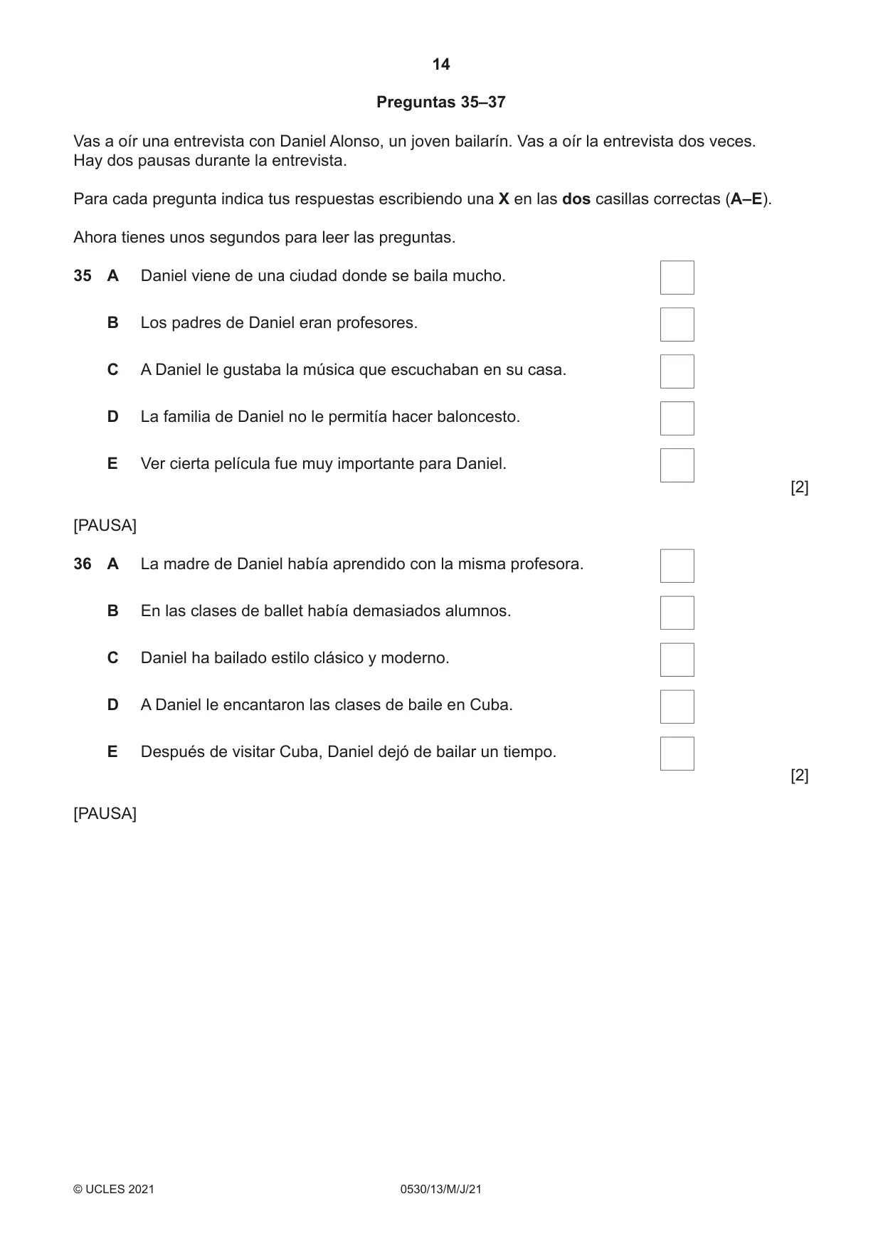 Cambridge IGCSE Spanish - Foreign Language 0530 2021 May/June Paper 1 · Variant 3 question paper, page 14 of 16