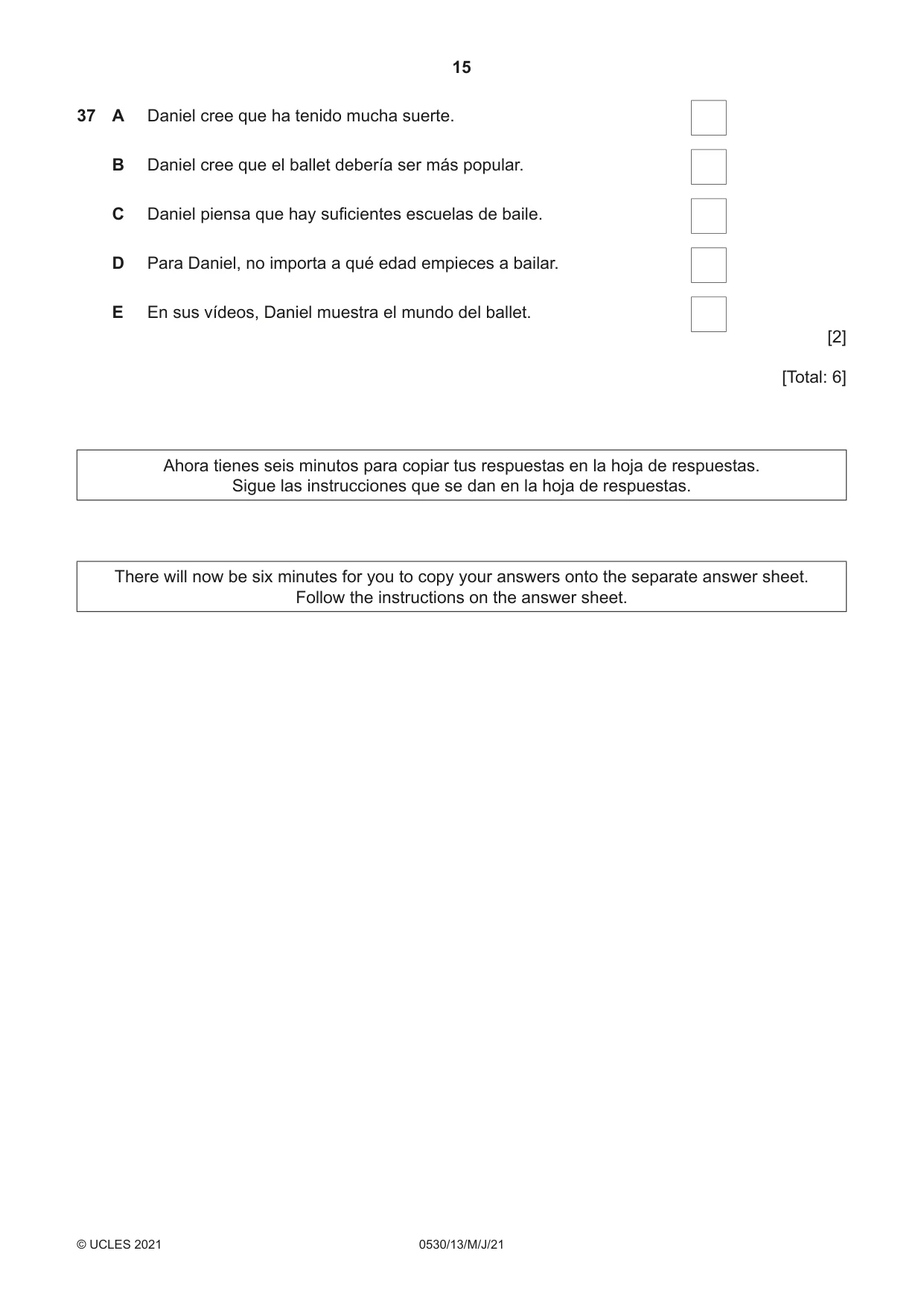 Cambridge IGCSE Spanish - Foreign Language 0530 2021 May/June Paper 1 · Variant 3 question paper, page 15 of 16