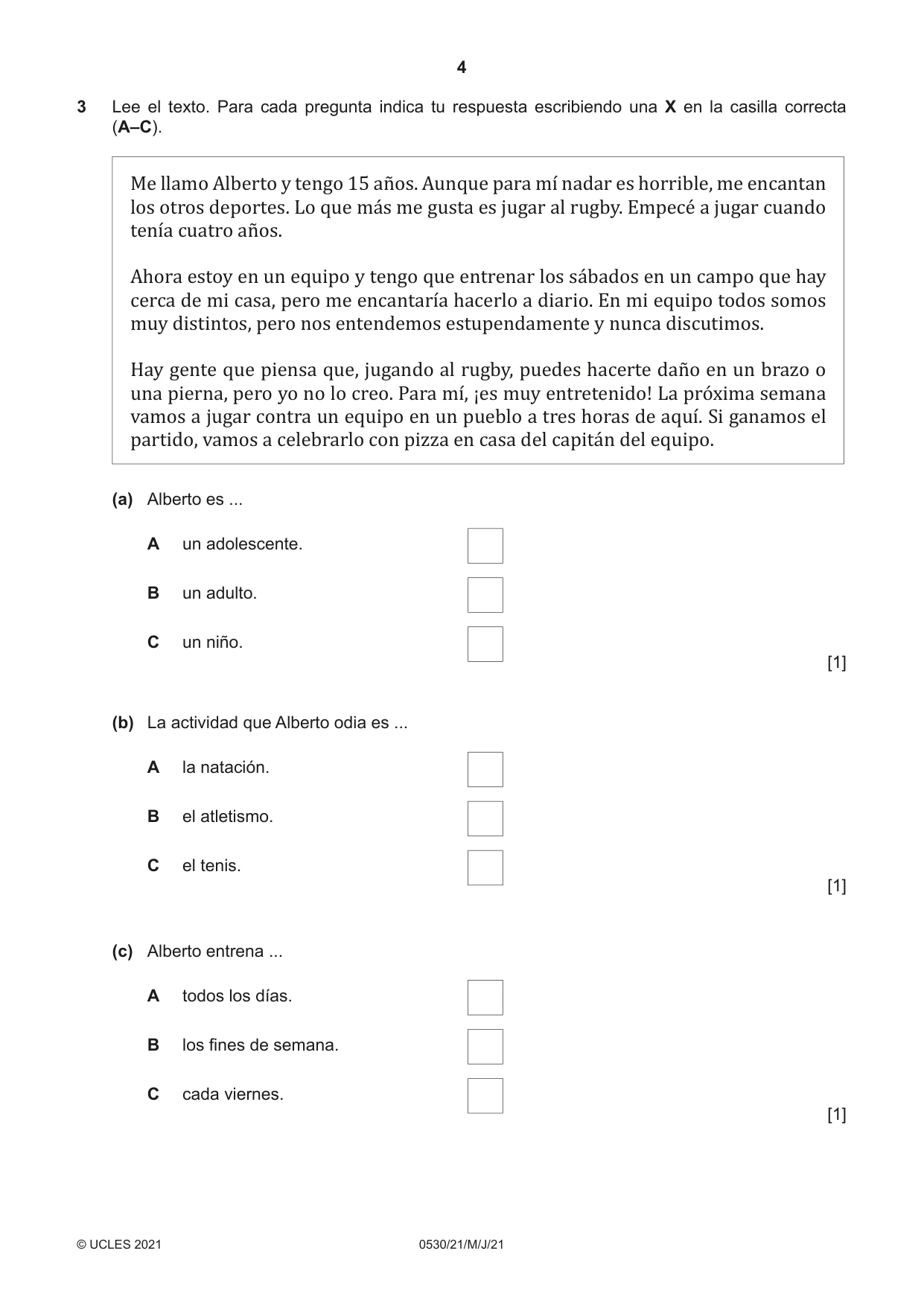 Cambridge IGCSE Spanish - Foreign Language 0530 2021 May/June Paper 2 · Variant 1 question paper, page 4 of 12