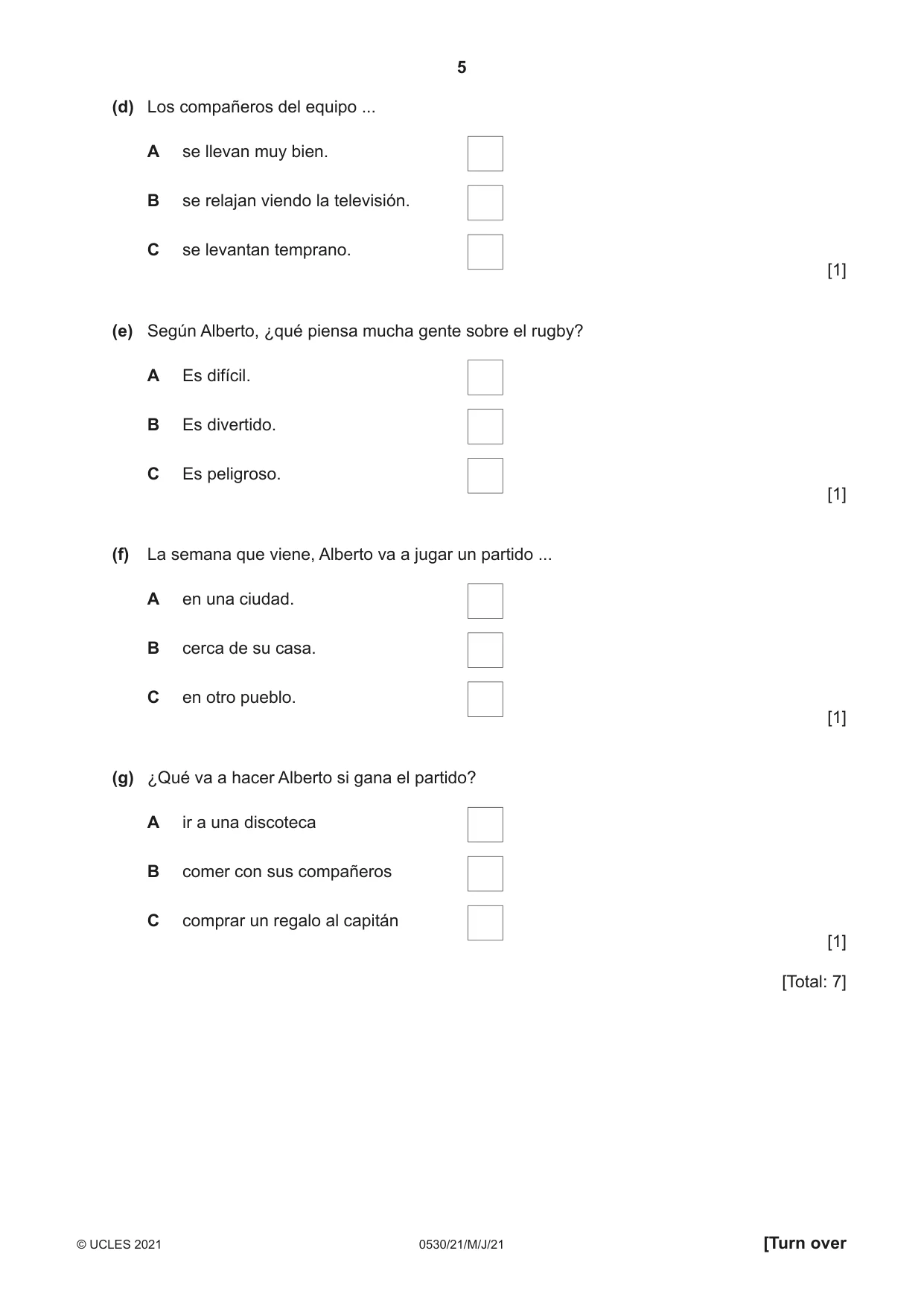 Cambridge IGCSE Spanish - Foreign Language 0530 2021 May/June Paper 2 · Variant 1 question paper, page 5 of 12