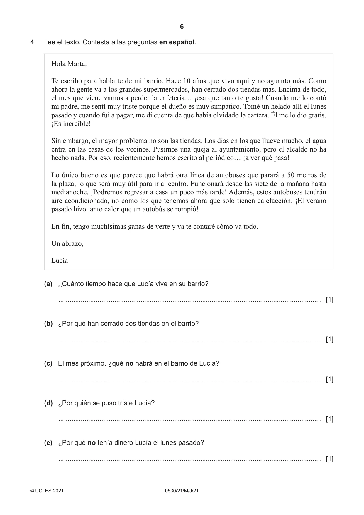 Cambridge IGCSE Spanish - Foreign Language 0530 2021 May/June Paper 2 · Variant 1 question paper, page 6 of 12