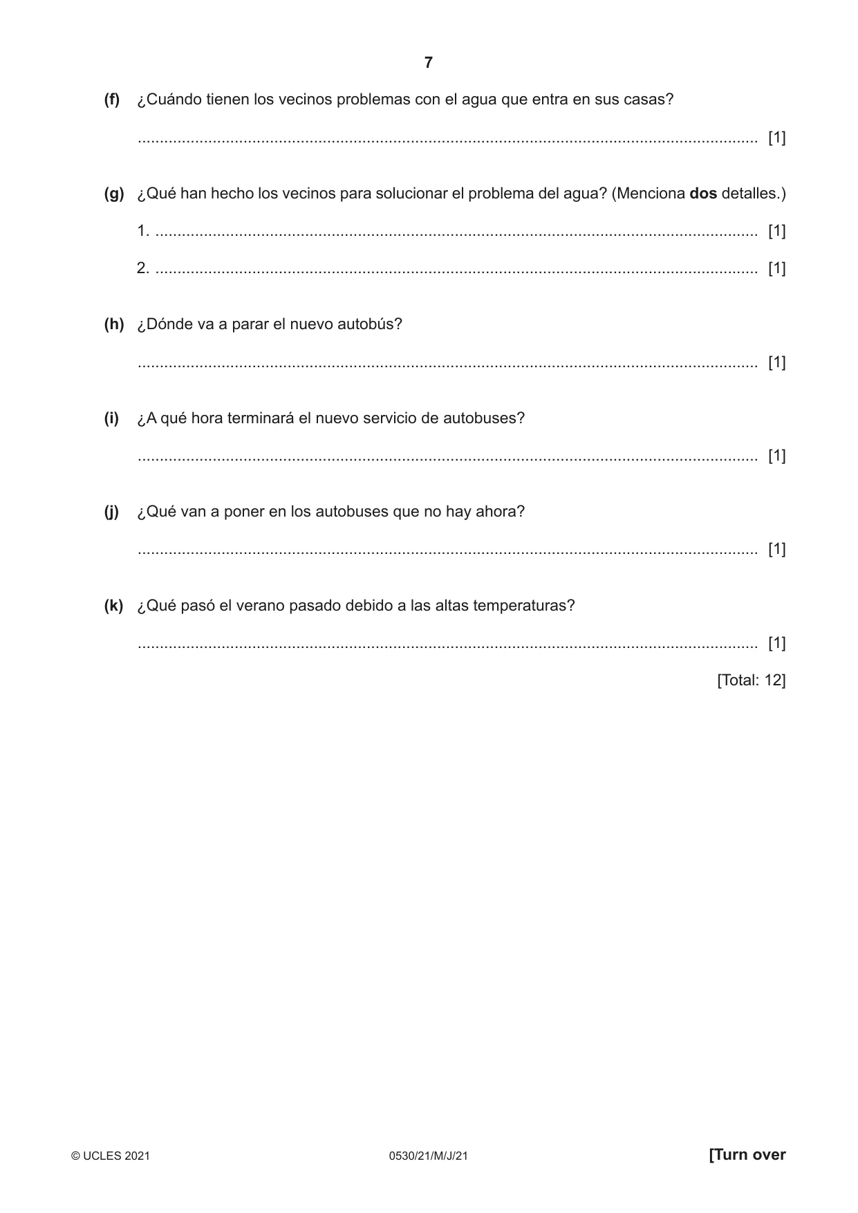 Cambridge IGCSE Spanish - Foreign Language 0530 2021 May/June Paper 2 · Variant 1 question paper, page 7 of 12