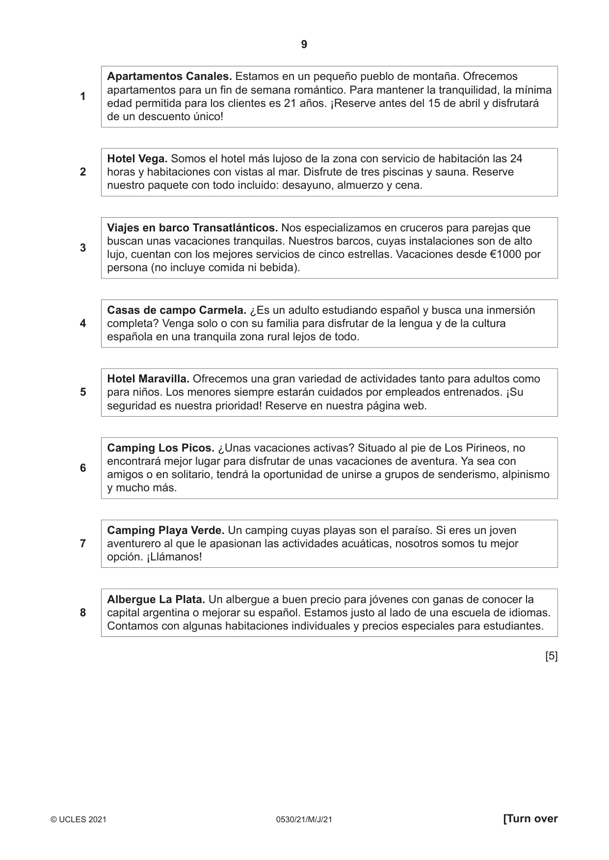 Cambridge IGCSE Spanish - Foreign Language 0530 2021 May/June Paper 2 · Variant 1 question paper, page 9 of 12