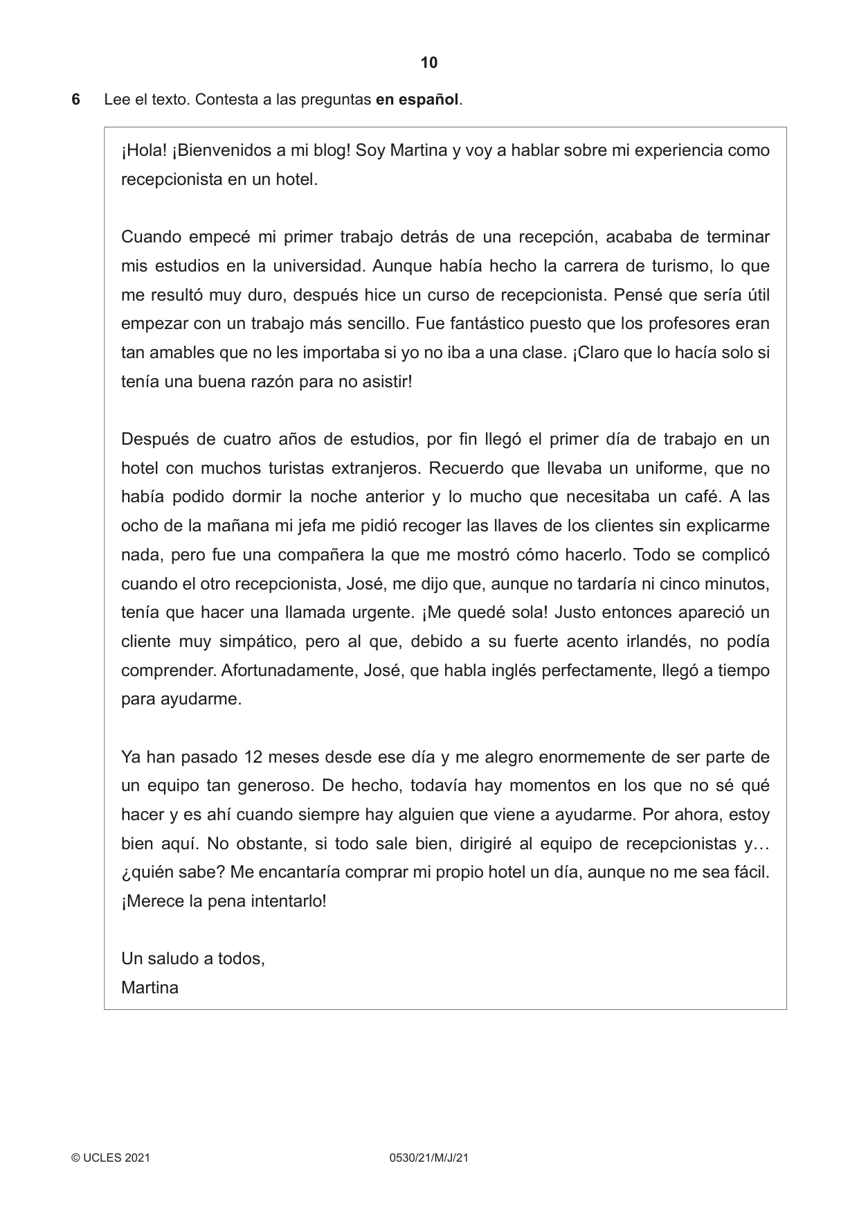 Cambridge IGCSE Spanish - Foreign Language 0530 2021 May/June Paper 2 · Variant 1 question paper, page 10 of 12