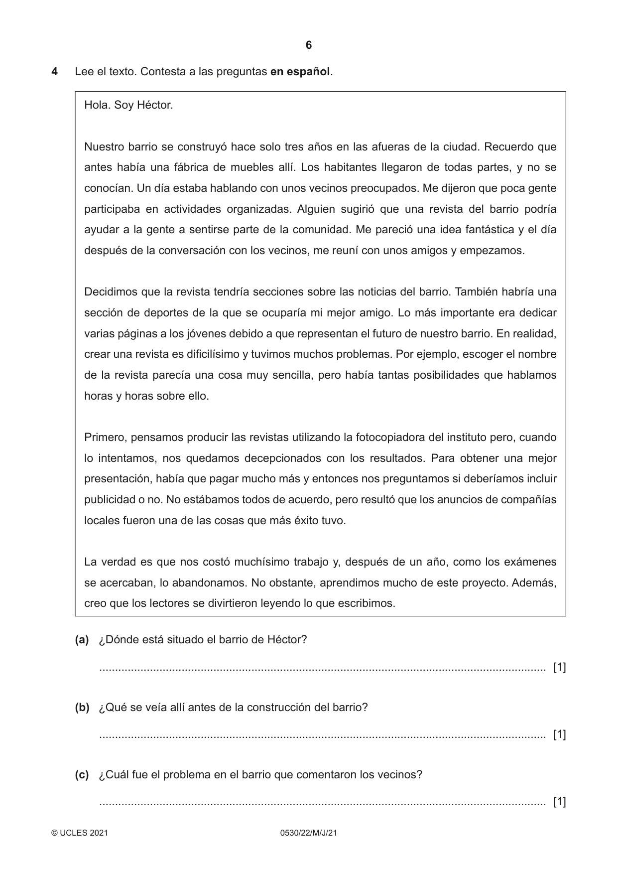 Cambridge IGCSE Spanish - Foreign Language 0530 2021 May/June Paper 2 · Variant 2 question paper, page 6 of 12