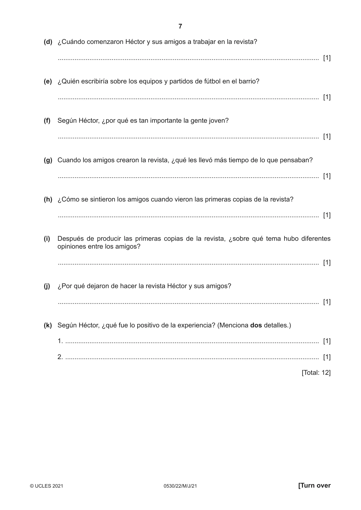 Cambridge IGCSE Spanish - Foreign Language 0530 2021 May/June Paper 2 · Variant 2 question paper, page 7 of 12
