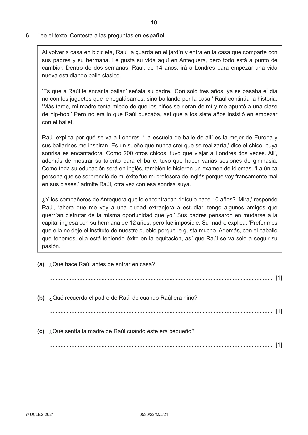 Cambridge IGCSE Spanish - Foreign Language 0530 2021 May/June Paper 2 · Variant 2 question paper, page 10 of 12