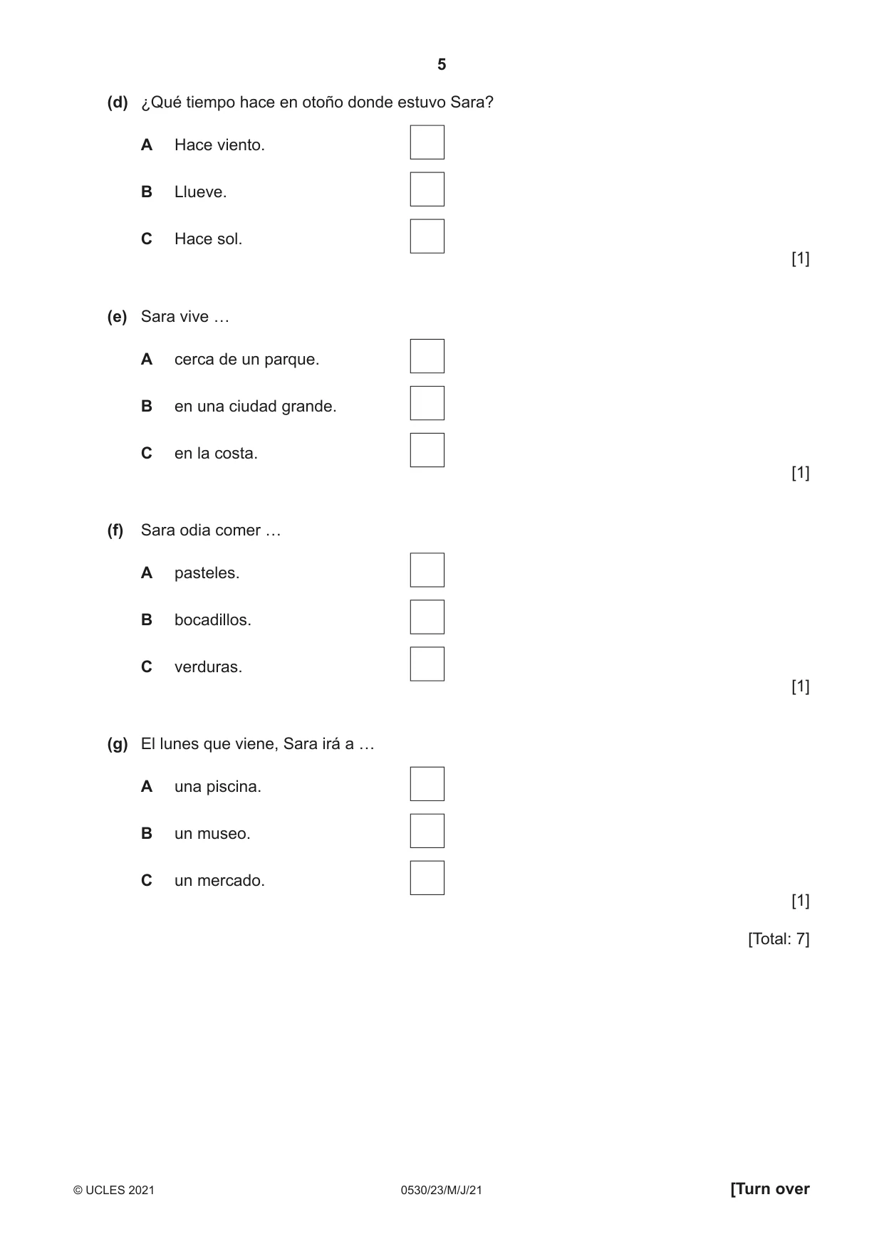 Cambridge IGCSE Spanish - Foreign Language 0530 2021 May/June Paper 2 · Variant 3 question paper, page 5 of 12