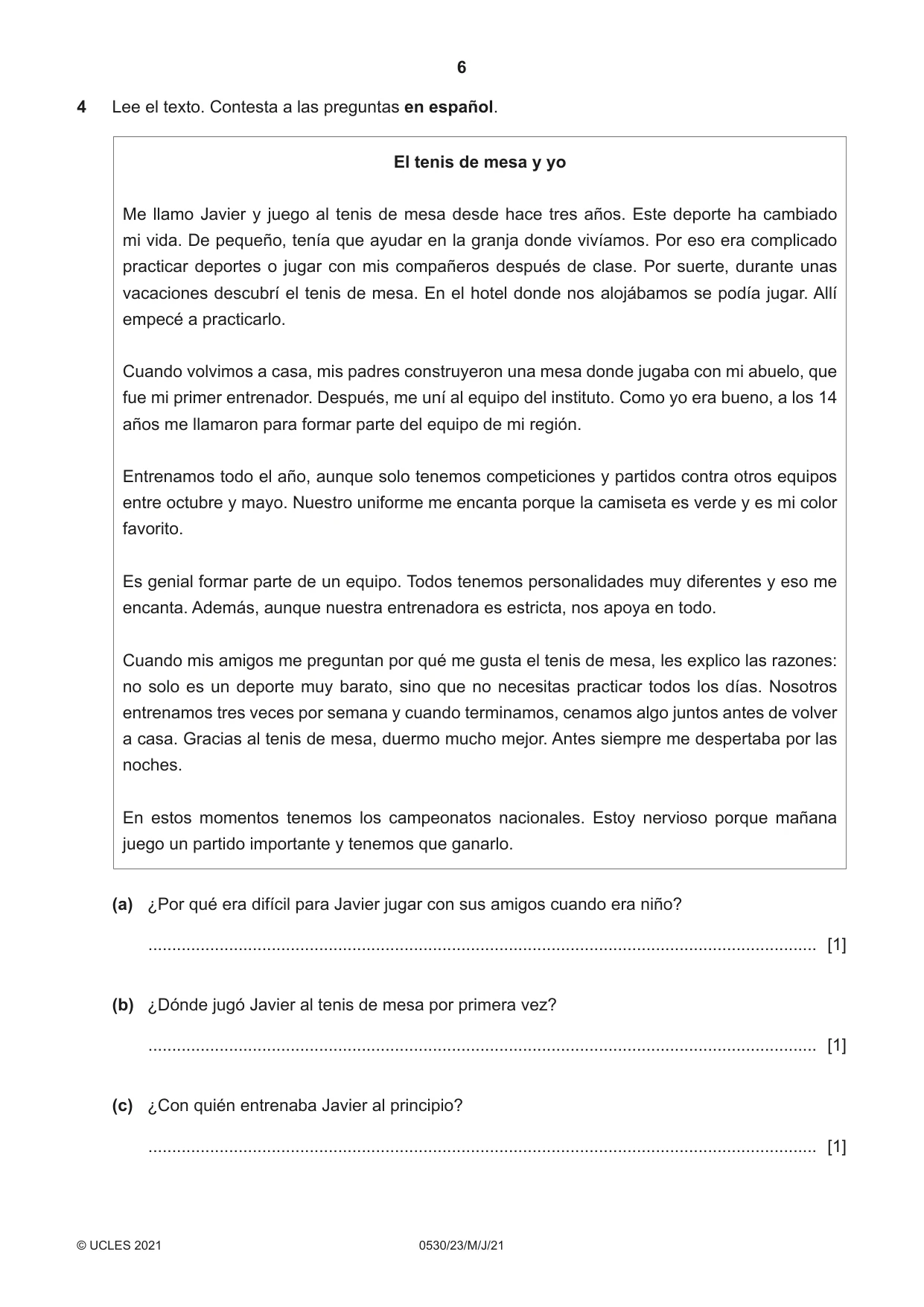 Cambridge IGCSE Spanish - Foreign Language 0530 2021 May/June Paper 2 · Variant 3 question paper, page 6 of 12