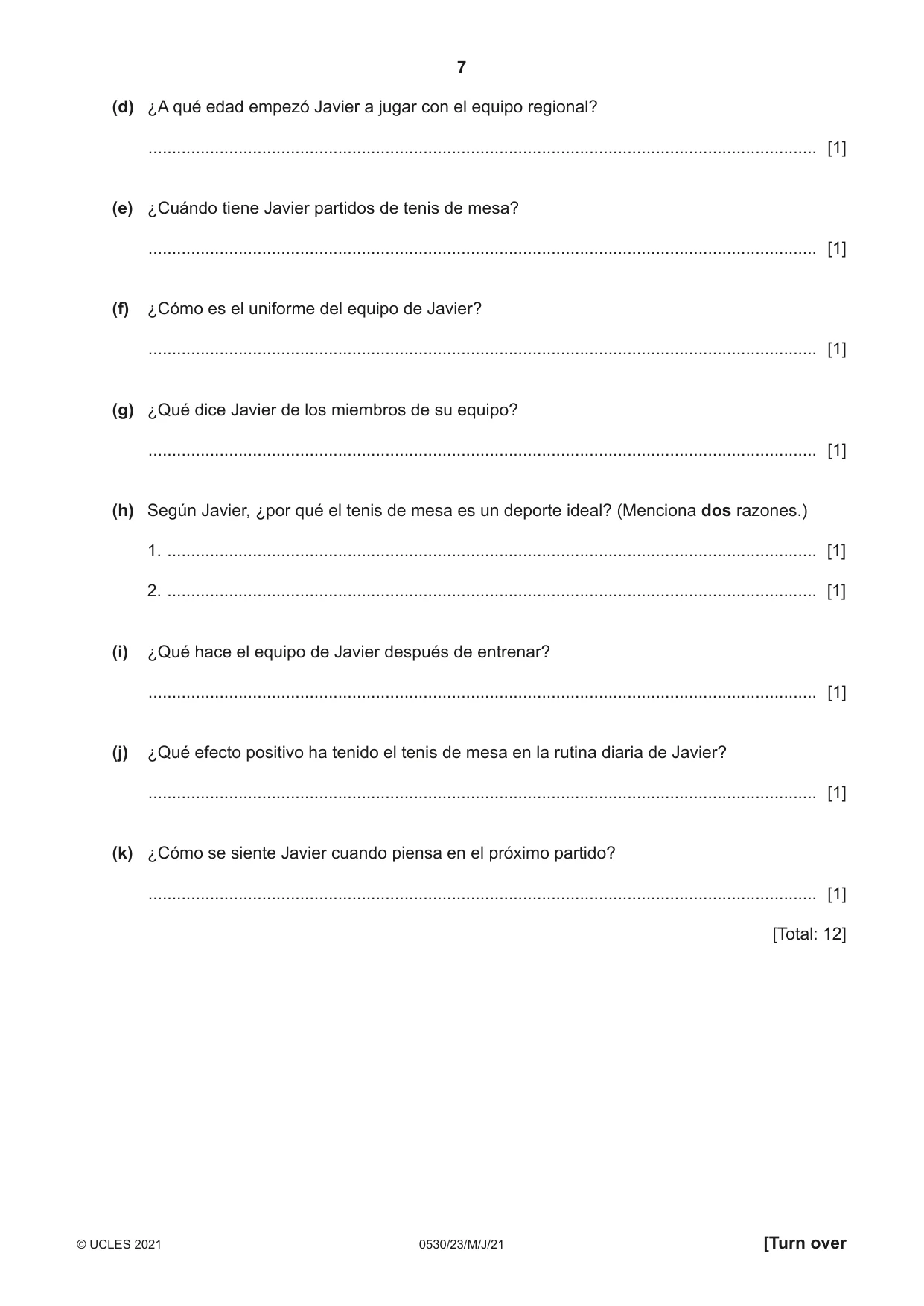 Cambridge IGCSE Spanish - Foreign Language 0530 2021 May/June Paper 2 · Variant 3 question paper, page 7 of 12