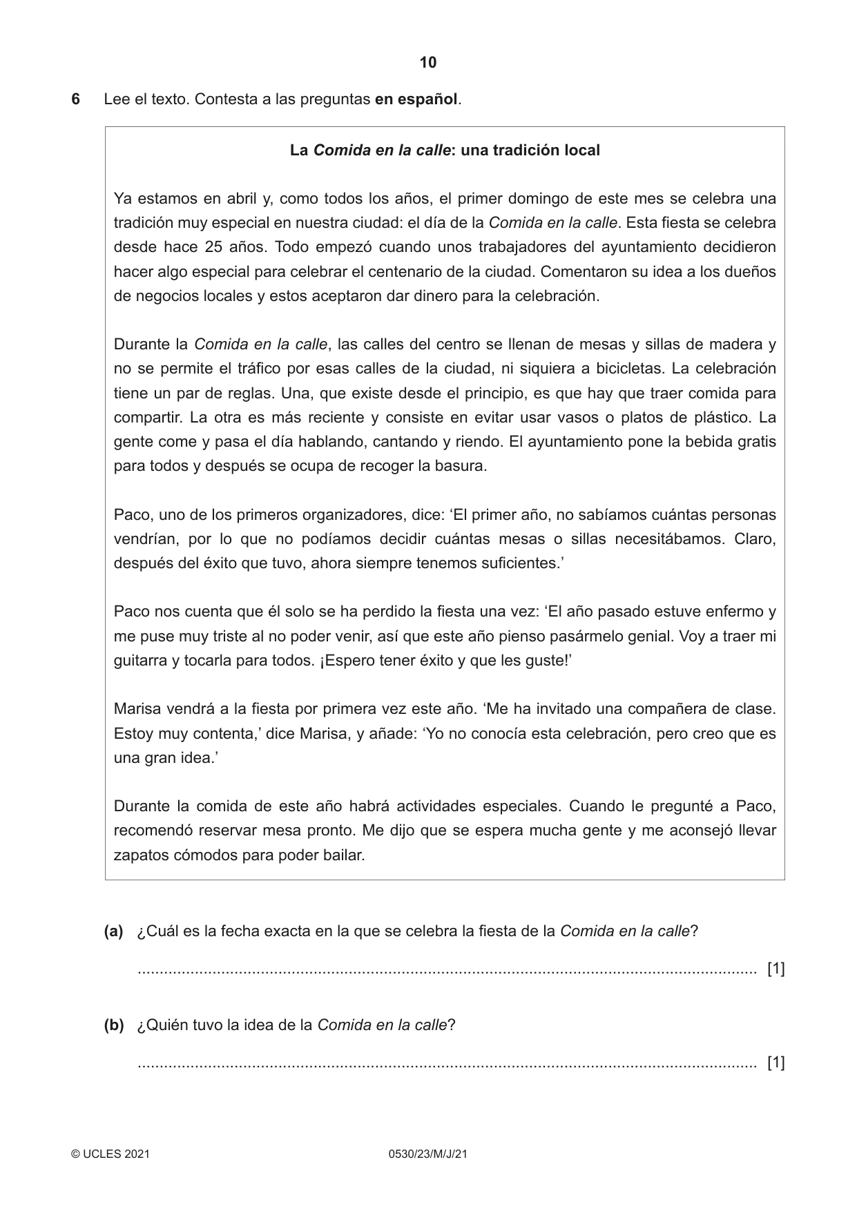Cambridge IGCSE Spanish - Foreign Language 0530 2021 May/June Paper 2 · Variant 3 question paper, page 10 of 12