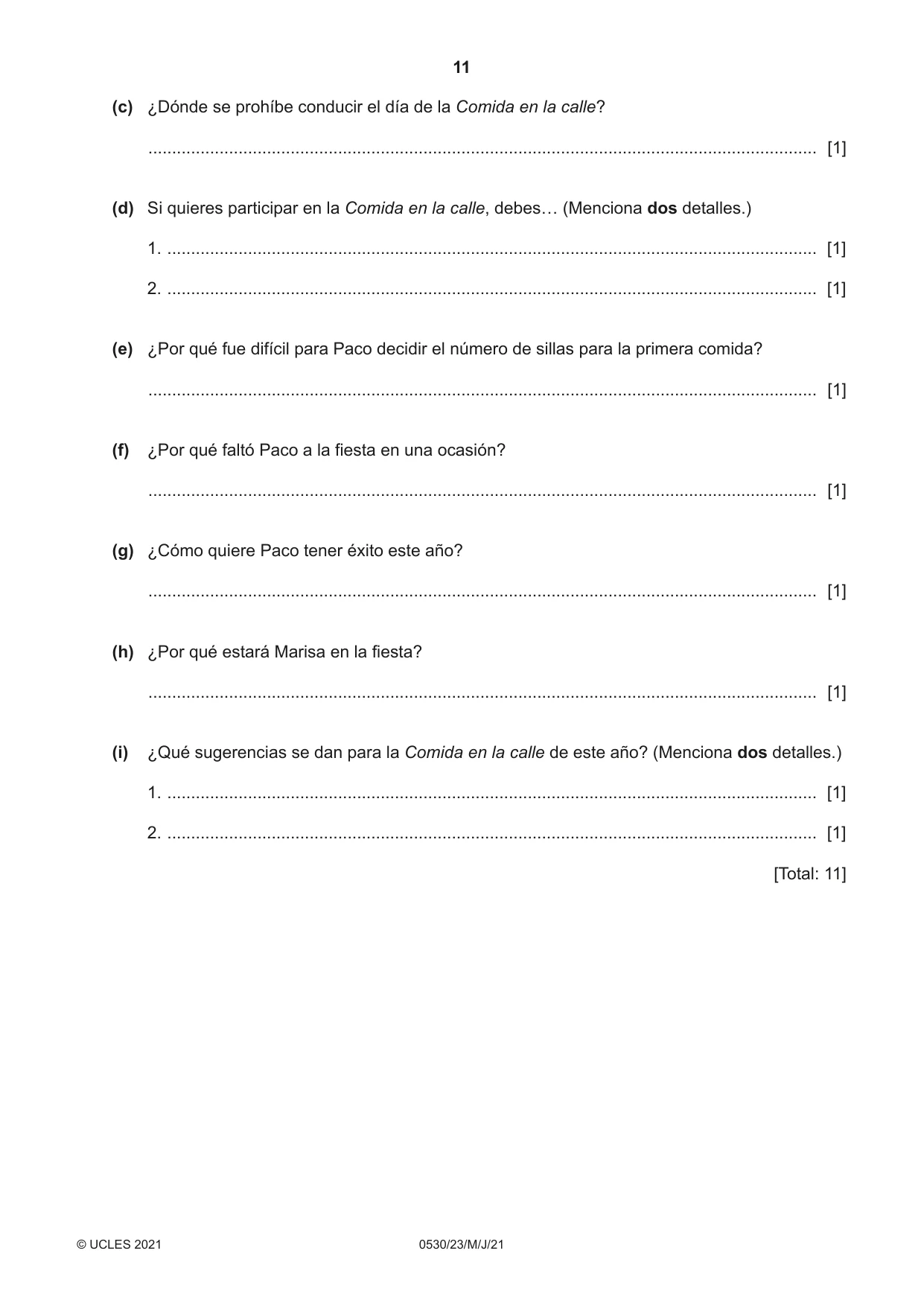 Cambridge IGCSE Spanish - Foreign Language 0530 2021 May/June Paper 2 · Variant 3 question paper, page 11 of 12