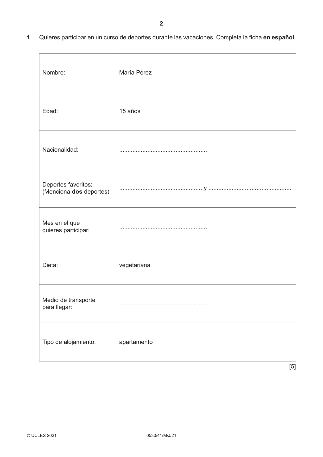Cambridge IGCSE Spanish - Foreign Language 0530 2021 May/June Paper 4 · Variant 1 question paper, page 2 of 8